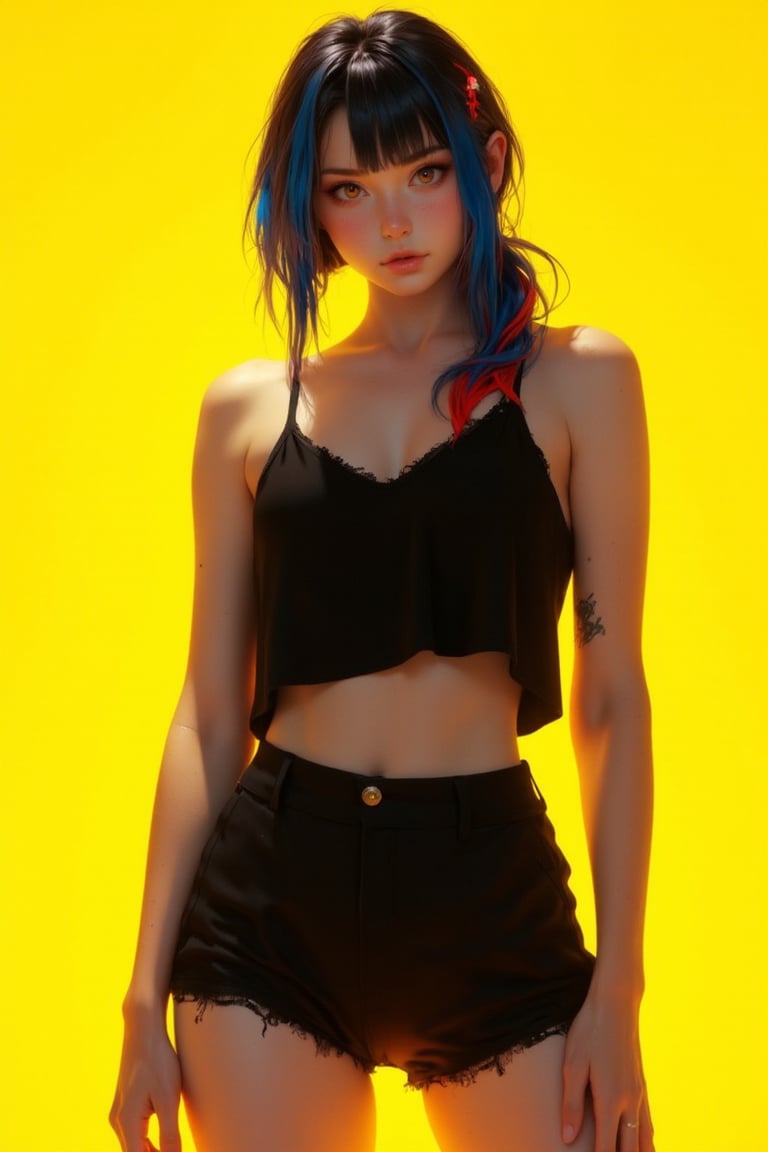 Create a hyper-realistic image of a woman standing against a bright yellow background. She is wearing short, dominant black clothing, with blue hair featuring red accents styled in a ponytail. She has smooth skin and is looking very bold. The brightness should be subtle, with high-contrast highlights on her clothes and face, and sharp lighting