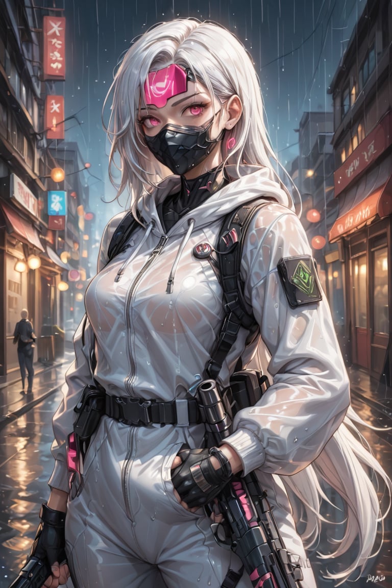 Create a highly detailed illustration of a mysterious, modern ninja girl with long white hair and striking pink eyes. She wears a stylish white hoodie with intricate black and green designs, a black mask covering her face, and black tactical gloves. She carries dual katanas, one on her back and one at her side, showcasing her readiness for action. The setting should feature a rainy, futuristic cityscape with soft, glowing lights reflecting off wet surfaces, adding depth and atmosphere to the scene. The character's pose should be confident and dynamic, exuding a sense of strength and mystery. Pay attention to the lighting and shadows to enhance the dramatic effect, making the overall image visually stunning and immersive