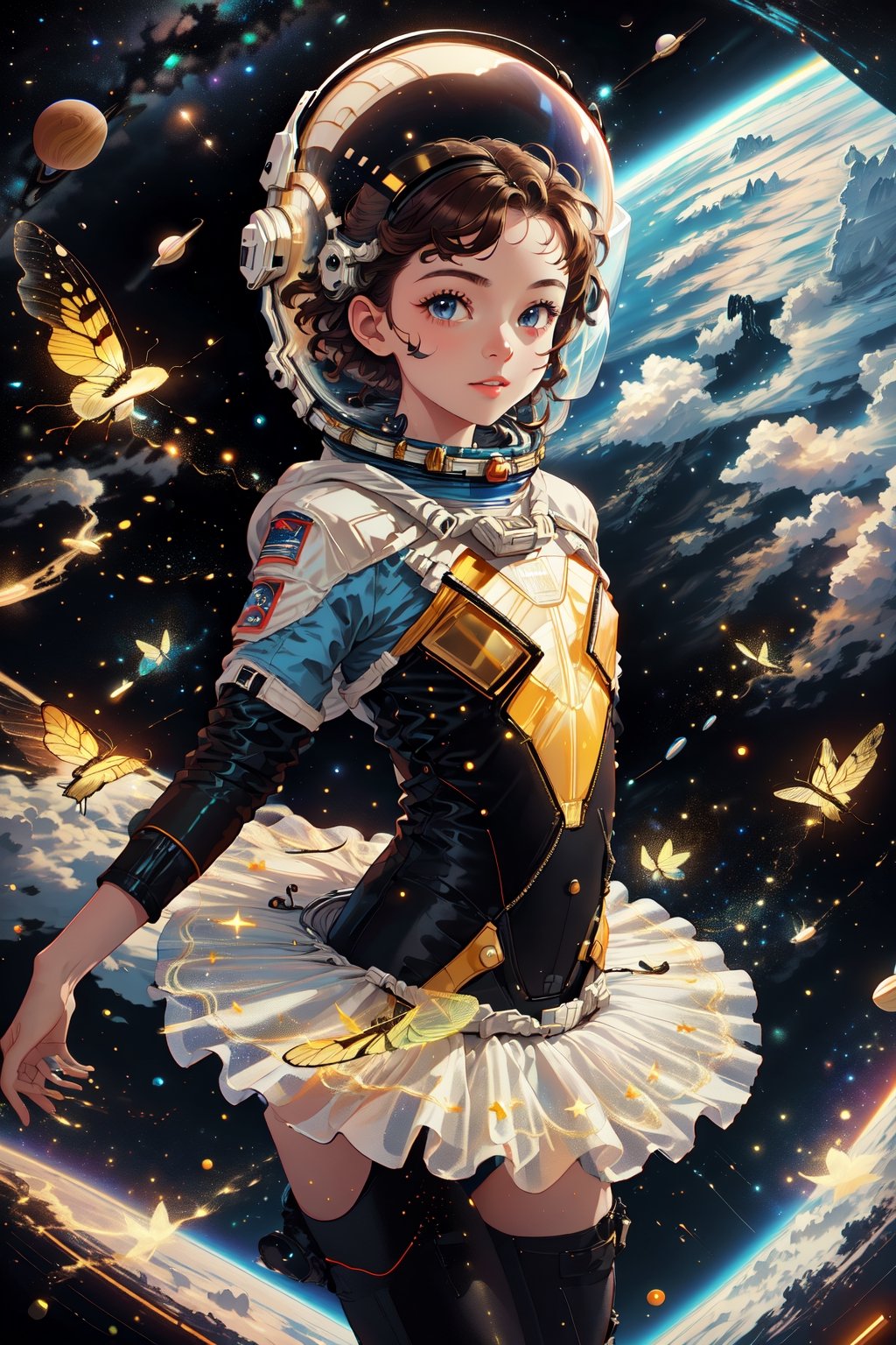 An 18-year-old young ballerina dances in space in a neon tutu and a space helmet, in space involving weightlessness, stars and Saturn behind her, slim fit physique, ballet tutu with elements of Soviet spacesuits, Soviet space paraphernalia, gloomy and dark atmosphere, retrofuturism, neon,Ballet_tutu,highres,bing_astronaut,Futuristic room,firefliesfireflies