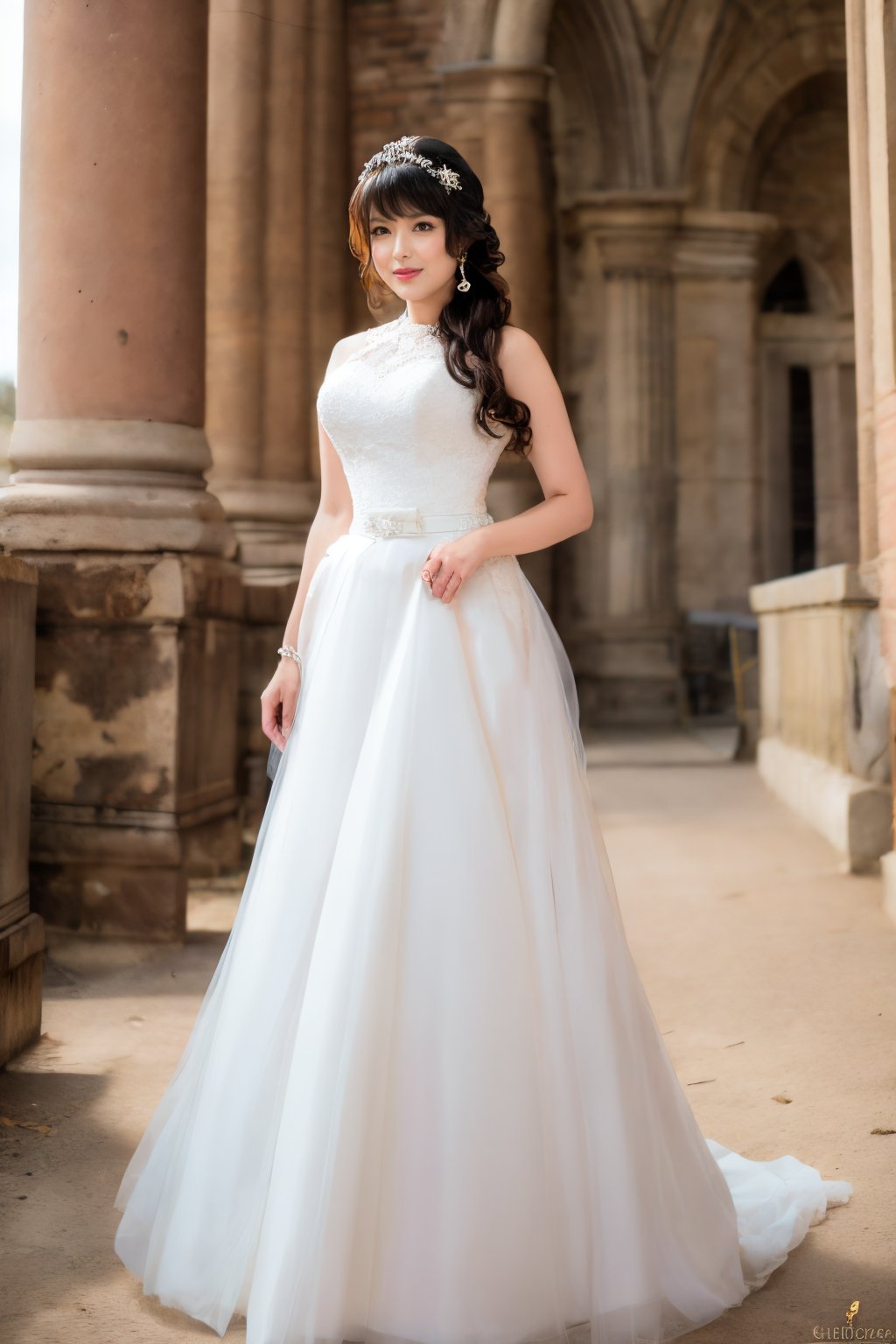 Asian woman Standing alone in the Colosseum, looking at viewer, Wearing a wedding dress with a long skirt, thick body,bare feet, full body,wavy hair with bangs