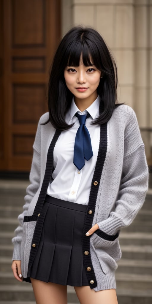 1girl,black-hair,(blunt_bangs),18 years old,school_uniform,knit cardigan,gray skirt,red tie,loose socks,photorealistic