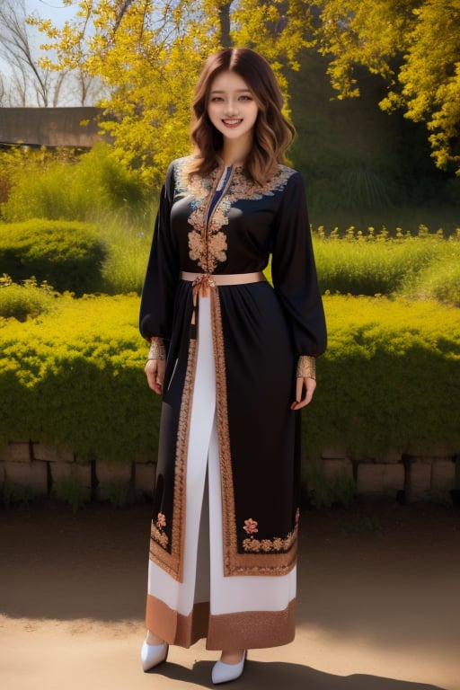 (((full body:1.3))),wavy rose gold hair,
1girl, Beautiful young woman, blonde, smiling, (in beautiful Ukrainian national costume embroidery ornament black, white), sunny day, botanical garden, realistic,short hair,photorealistic