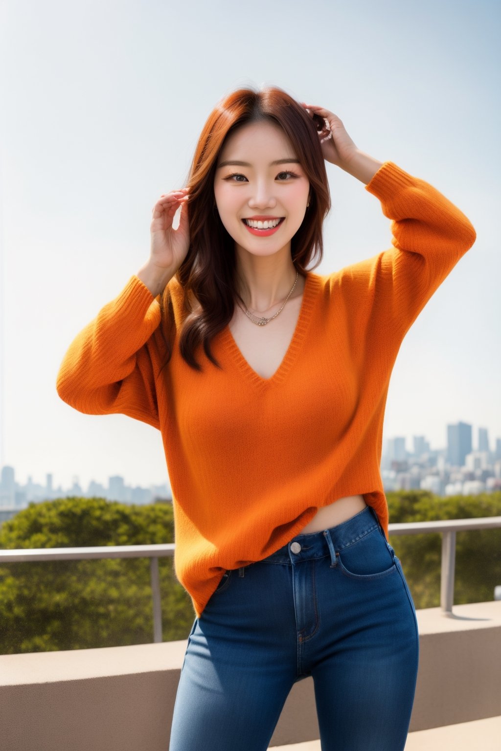 A young Korean girl with short, brown hair and a bright smile gazes directly at the viewer. She wears an orange sweater over a white shirt and has long sleeves rolled up to her elbows. A necklace adorns her chest as she raises her hands in a relaxed pose. Her jeans-clad legs stand out against the blurred outdoor setting, with a vast sky serving as the backdrop. Her teeth sparkle, and her lips curve into a warm grin.