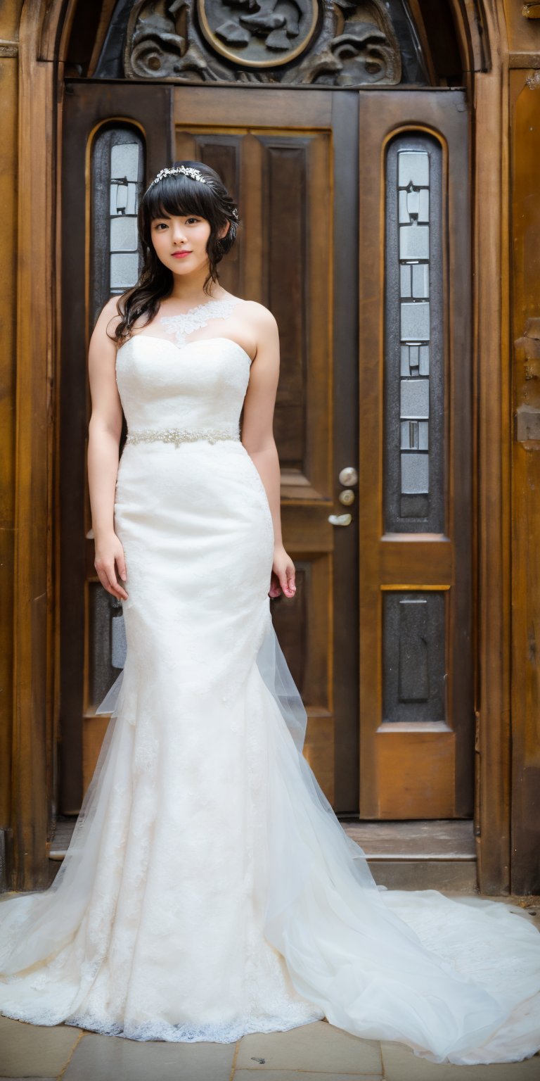 Asian woman Standing alone at the door of an ancient European church, looking at viewer, light wavy  hair, wedding dress, thick body,bare feet, full body,wavy hair with bangs