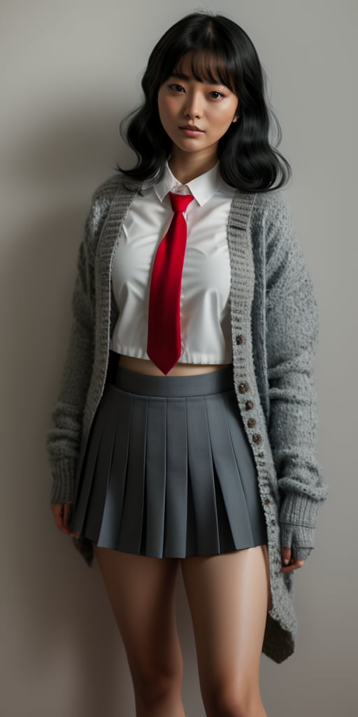 A photorealistic image of a 18-year-old asian girl with black hair featuring blunt bangs, dressed in a school uniform consisting of a gray skirt, red tie, and loose socks. She stands out against a neutral background, her knit cardigan draped casually over her shoulders. The soft lighting accentuates the texture of her hair and clothing, while the framing emphasizes her youthful elegance.