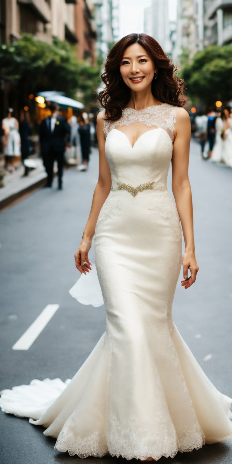 masterpiece,best quality,high detail,
,taiwanese,solo,45yo,mature_woman,thick wavy hair,wedding_dress,full_body, on the street