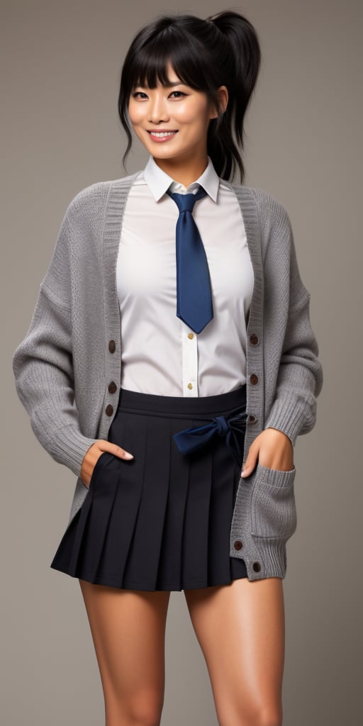 A photorealistic image of a 25-year-old Asian girl standing confidently in a school uniform. She wears a black-haired ponytail with blunt bangs framing her face. Her smooth thighs are visible beneath the gray skirt that falls just above her knees. A knit cardigan is draped over her shoulders, tied at the front with a red tie that adds a pop of color to the outfit. Loose socks cover her calves, completing the schoolgirl look. The subject stands in a neutral background, emphasizing her youthful energy and academic charm.