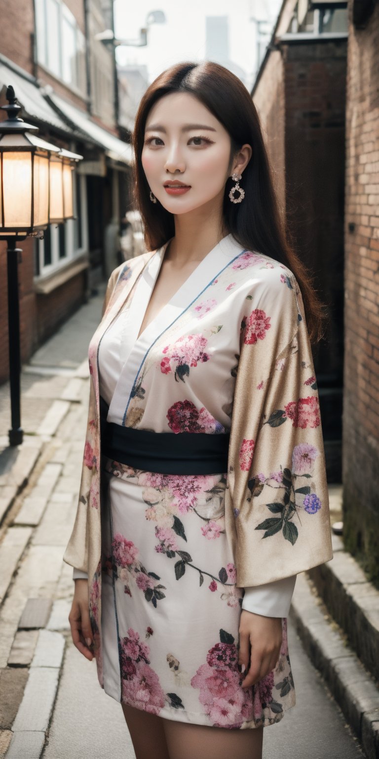 A young Japanese woman with a cute, doll-like face, wearing a long-sleeved kimono with a gorgeous floral pattern, standing in an old, historical cobblestone alley during a light snowfall, illuminated by vintage street lamps. She has medium-length hair, earrings, and is  for a full-body shot. The image should be 8K, original, super detailed, of the best quality, with a very detailed face and eyes, glossy skin, and the upper body should have professional lighting, soft light, sharp focus, and written boundary depth.,monolid eyes