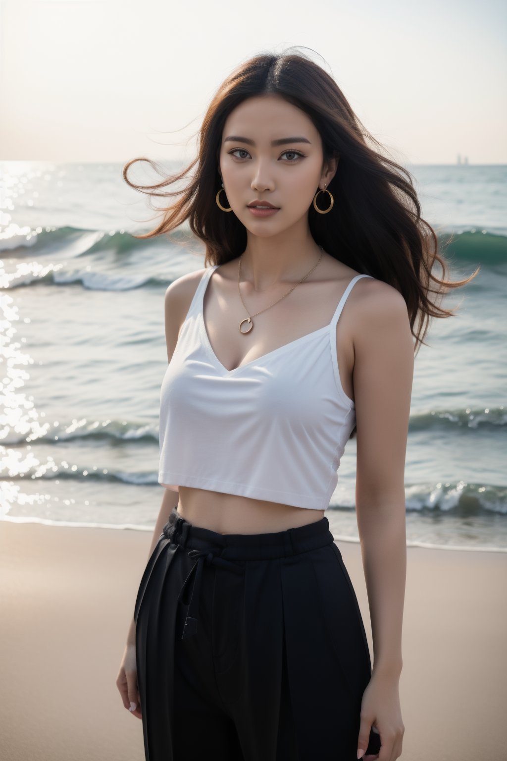 French girl,grey blonde hair(very long hair, curly_hair),long ponytail,hiphop dancer,wearing all black clothes (loose fit top and wide cargo pants),sneakers,accessories(necklace,ear_rings), standing in the sea,horizon,seaside,vivid sea color,red lighthouse,sunset,Best Quality, 32k, photorealistic, ultra-detailed, finely detailed, high resolution, perfect dynamic composition, beautiful detailed eyes, sharp-focus, cowboy_shot, 