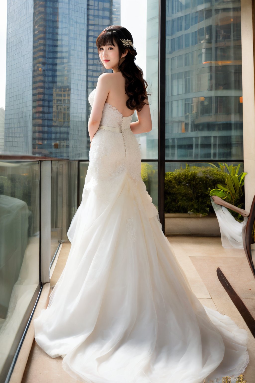 Asian woman standing alone on a skyscraper at midnight, looking back, light wavy  hair, wedding dress, thick body,bare feet, full body,wavy hair with bangs