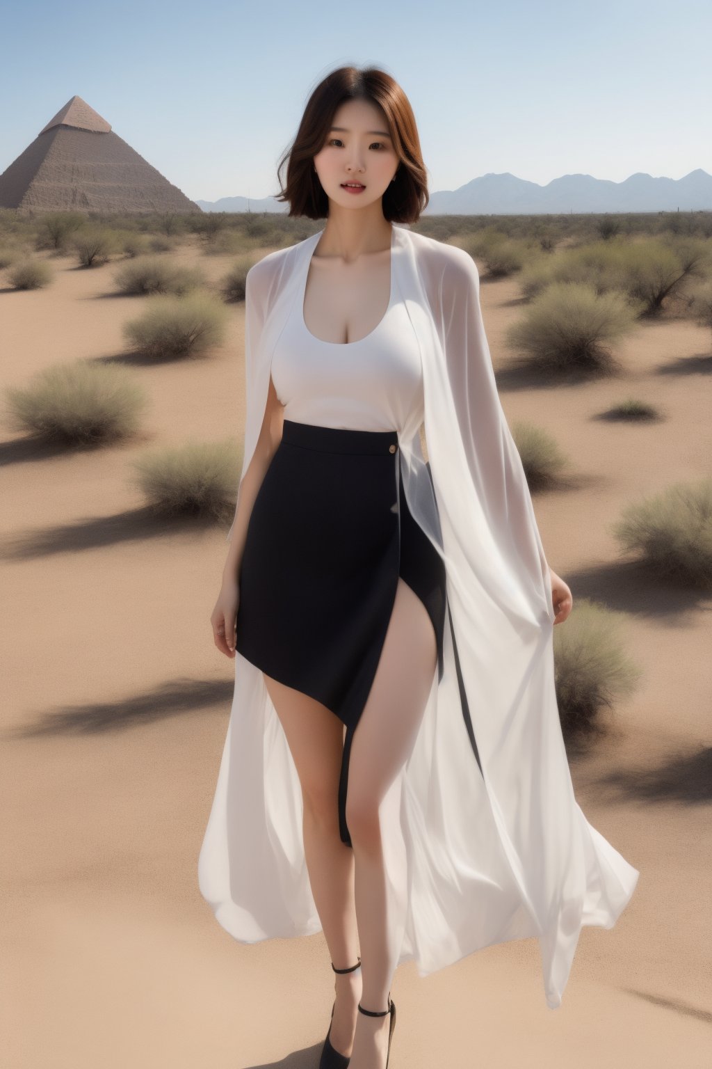 A majestic Korean woman stands confidently before ancient pyramids, her short hair juxtaposed against the flowing cloak that billows behind her like a shroud. Framed by the dusty ruins, her alluring pose showcases intricate folds of her dress and delicate features against high-contrast rendering, drawing the viewer in with an irresistible force. Her piercing gaze is sharply focused on the camera, as she stands resolute in her black mini flip skirt, toned figure evident against the mysterious and powerful desert landscape.