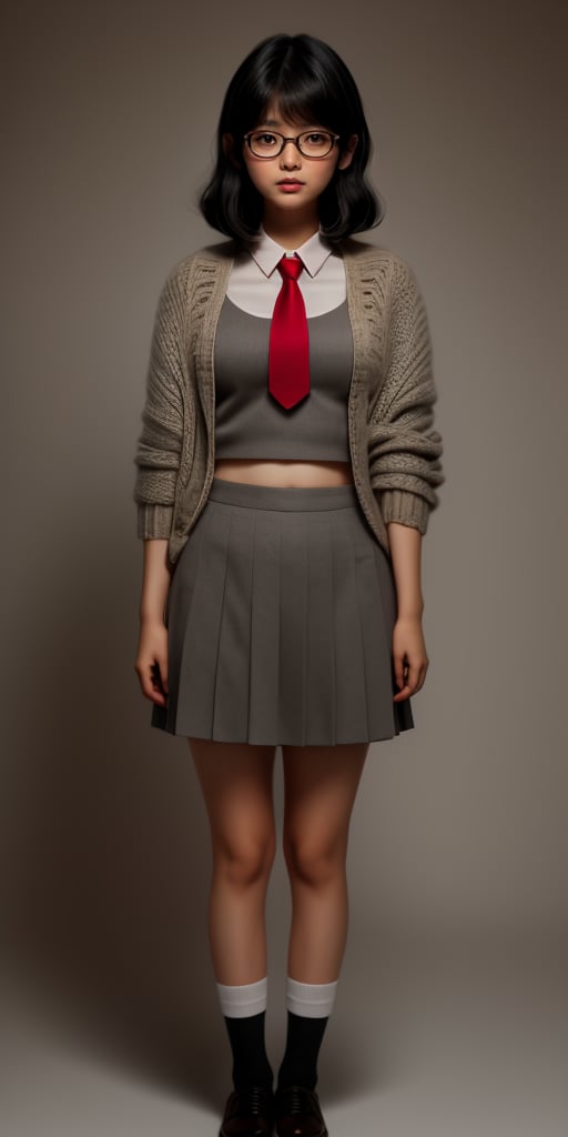 A photorealistic image of a 18-year-old asian girl with black hair featuring blunt bangs, dressed in a school uniform consisting of a gray skirt, red tie, and loose socks. She stands out against a neutral background, her knit cardigan draped casually over her shoulders. The soft lighting accentuates the texture of her hair and clothing, while the framing emphasizes her youthful elegance.,semi rimless glasses