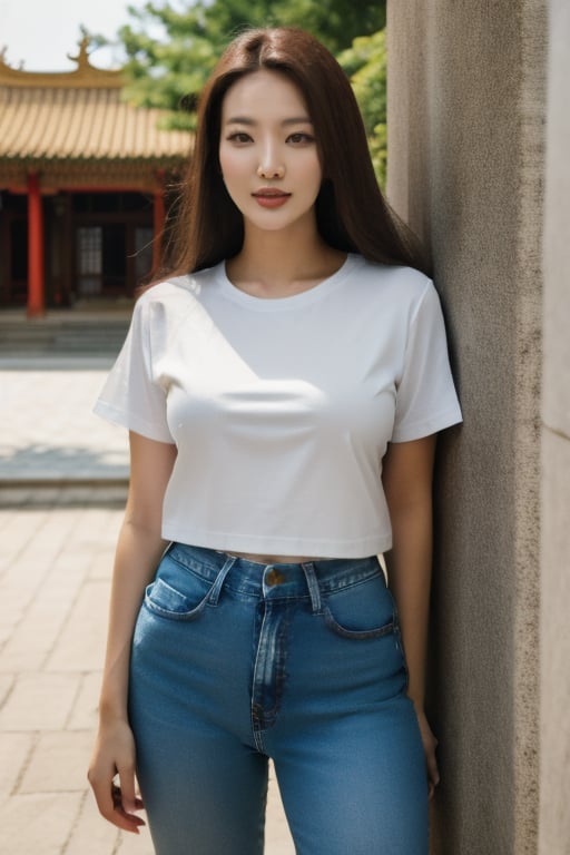 A beautiful girl with long  brown hair and brown eyes, wearing casual jeans and a white T-shirt, holding a camera, wandered around the Chinese palace, capturing the beauty and sacredness of ancient buildings.