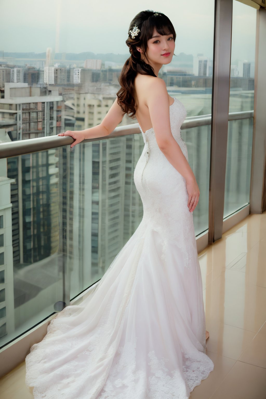 Asian woman standing alone on a skyscraper at midnight, looking back, light wavy  hair, wedding dress, thick body,bare feet, full body,wavy hair with bangs