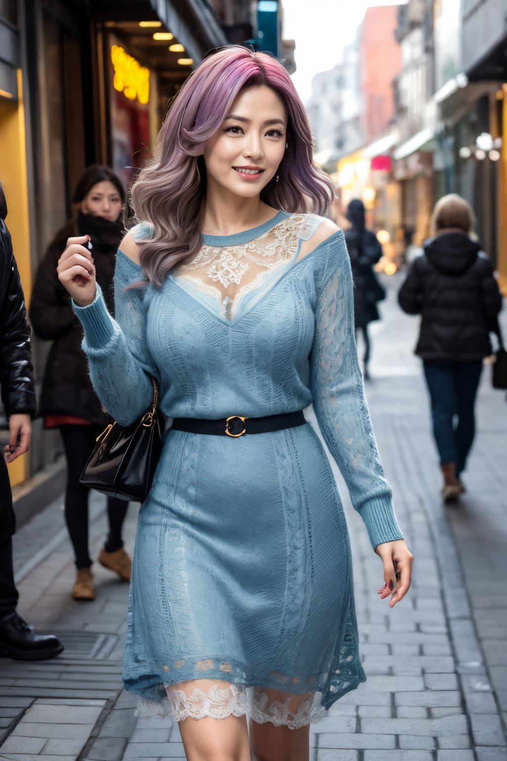 An image depicting a woman. She has multi-colored hair, is wearing a knitted lace dress, and is walking on the street. The background should be a city street, and the overall tone should be vibrant and dynamic.,More Detail