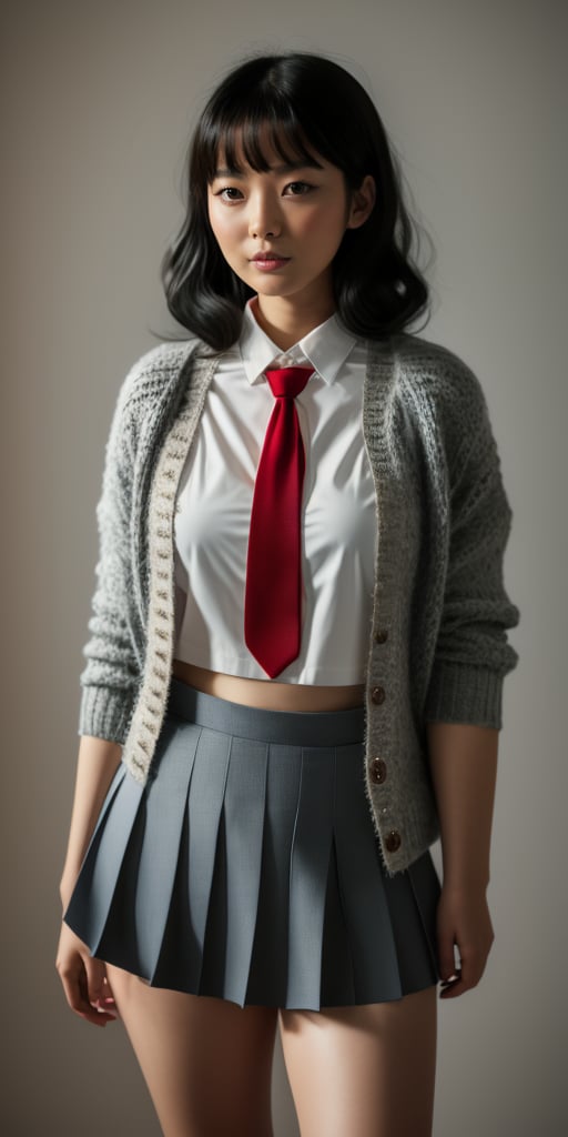 A photorealistic image of a 18-year-old asian girl with black hair featuring blunt bangs, dressed in a school uniform consisting of a gray skirt, red tie, and loose socks. She stands out against a neutral background, her knit cardigan draped casually over her shoulders. The soft lighting accentuates the texture of her hair and clothing, while the framing emphasizes her youthful elegance.