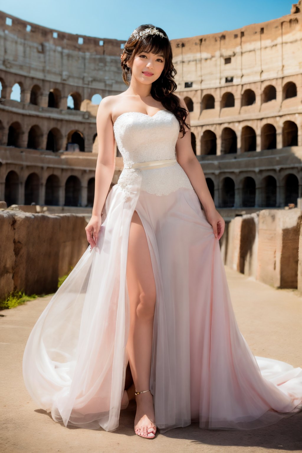 Asian woman Standing alone in the Colosseum, looking at viewer, Wearing a wedding dress with a long skirt, thick body,bare feet, full body,wavy hair with bangs