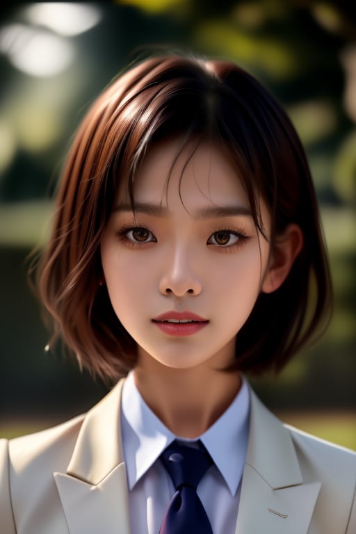 A confident 18-year-old Asian girl stands out against a blurred background, her blunt bangs framing her heart-shaped face as she gazes directly into the camera. Her subtle eyeliner and natural lip color accentuate her monolid eyes. She wears a crisp white school uniform, complete with a blazer and tie, exuding youthful professionalism in a photorealistic image.,short hair