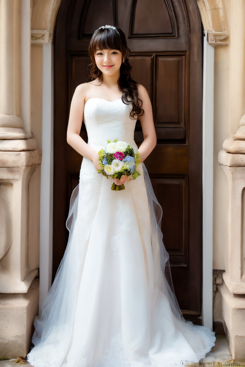 Asian woman Standing alone at the door of an ancient European church, looking at viewer, light wavy  hair, wedding dress, thick body,bare feet, full body,wavy hair with bangs