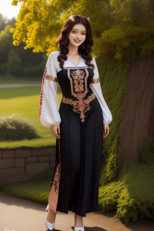 (((full body:1.3))),wavy rose gold hair,
1girl, Beautiful young woman, blonde, smiling, (in beautiful Ukrainian national costume embroidery ornament black, white), sunny day, botanical garden, realistic,short hair,photorealistic