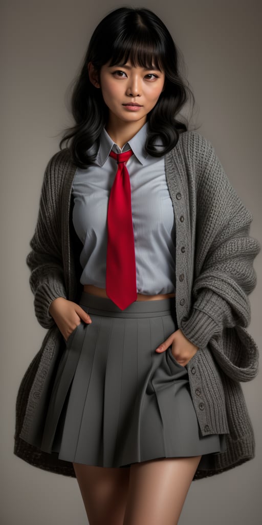 A photorealistic image of a 18-year-old asian girl with black hair featuring blunt bangs, dressed in a school uniform consisting of a gray skirt, red tie, and loose socks. She stands out against a neutral background, her knit cardigan draped casually over her shoulders. The soft lighting accentuates the texture of her hair and clothing, while the framing emphasizes her youthful elegance.