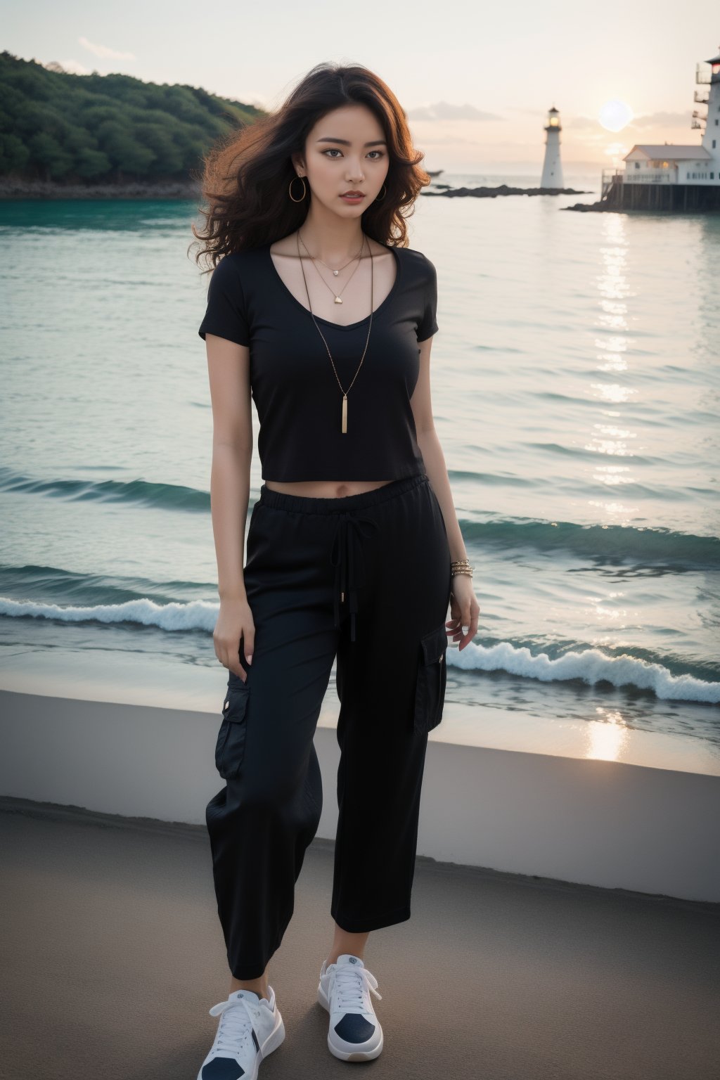 French girl,grey blonde hair(very long hair, curly_hair),long ponytail,hiphop dancer,wearing all black clothes (loose fit top and wide cargo pants),sneakers,accessories(necklace,ear_rings), standing in the sea,horizon,seaside,vivid sea color,red lighthouse,sunset,Best Quality, 32k, photorealistic, ultra-detailed, finely detailed, high resolution, perfect dynamic composition, beautiful detailed eyes, sharp-focus, cowboy_shot, 