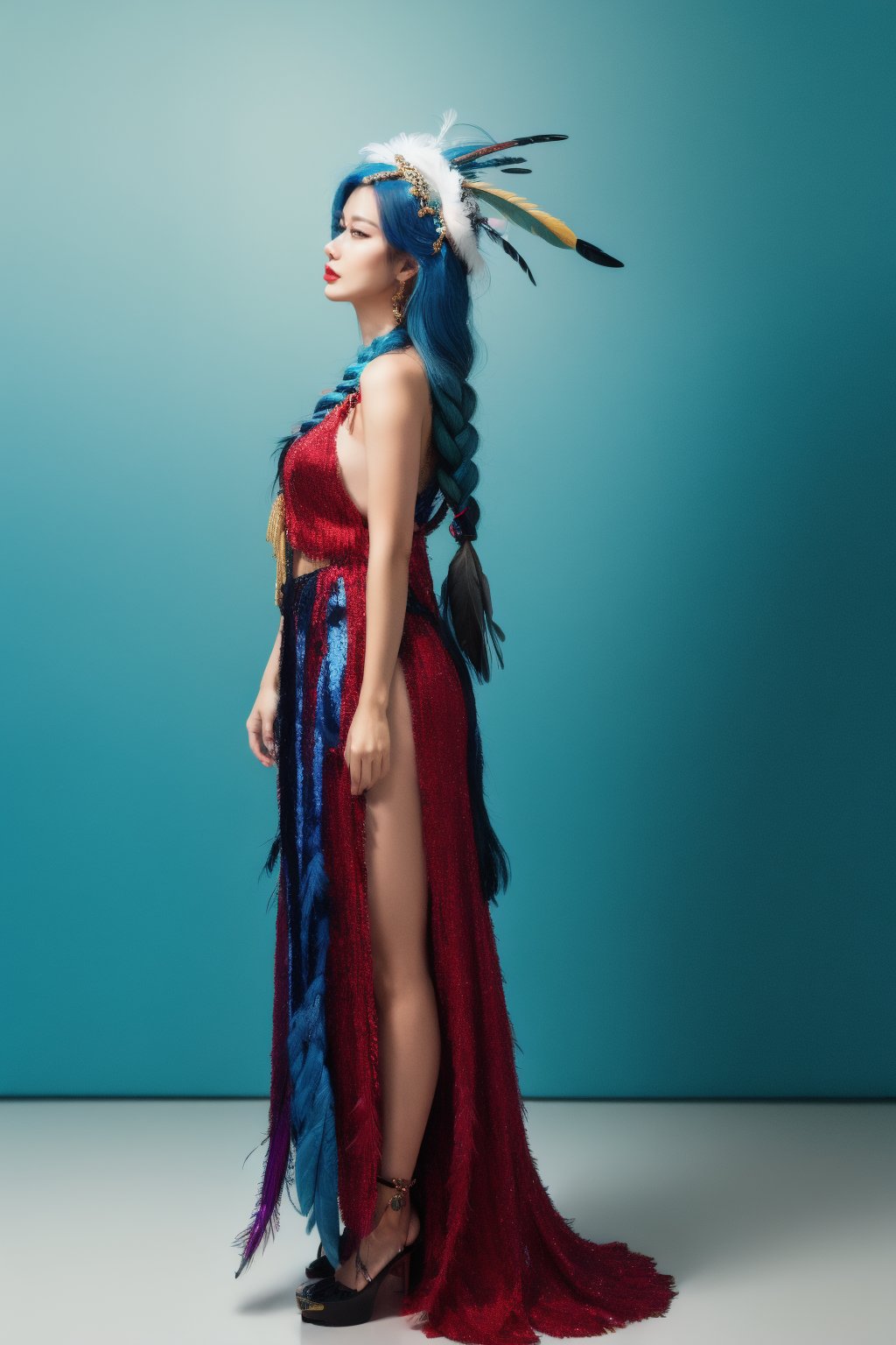 (((full body:1.3))),
1girl, solo, headdress, long_hair, feathers, jewelry, blue_hair, gem, red_background, lips, hair_ornament, profile, braid, portrait, watermark, from_side, looking_away, feather_hair_ornament,monolid eyes