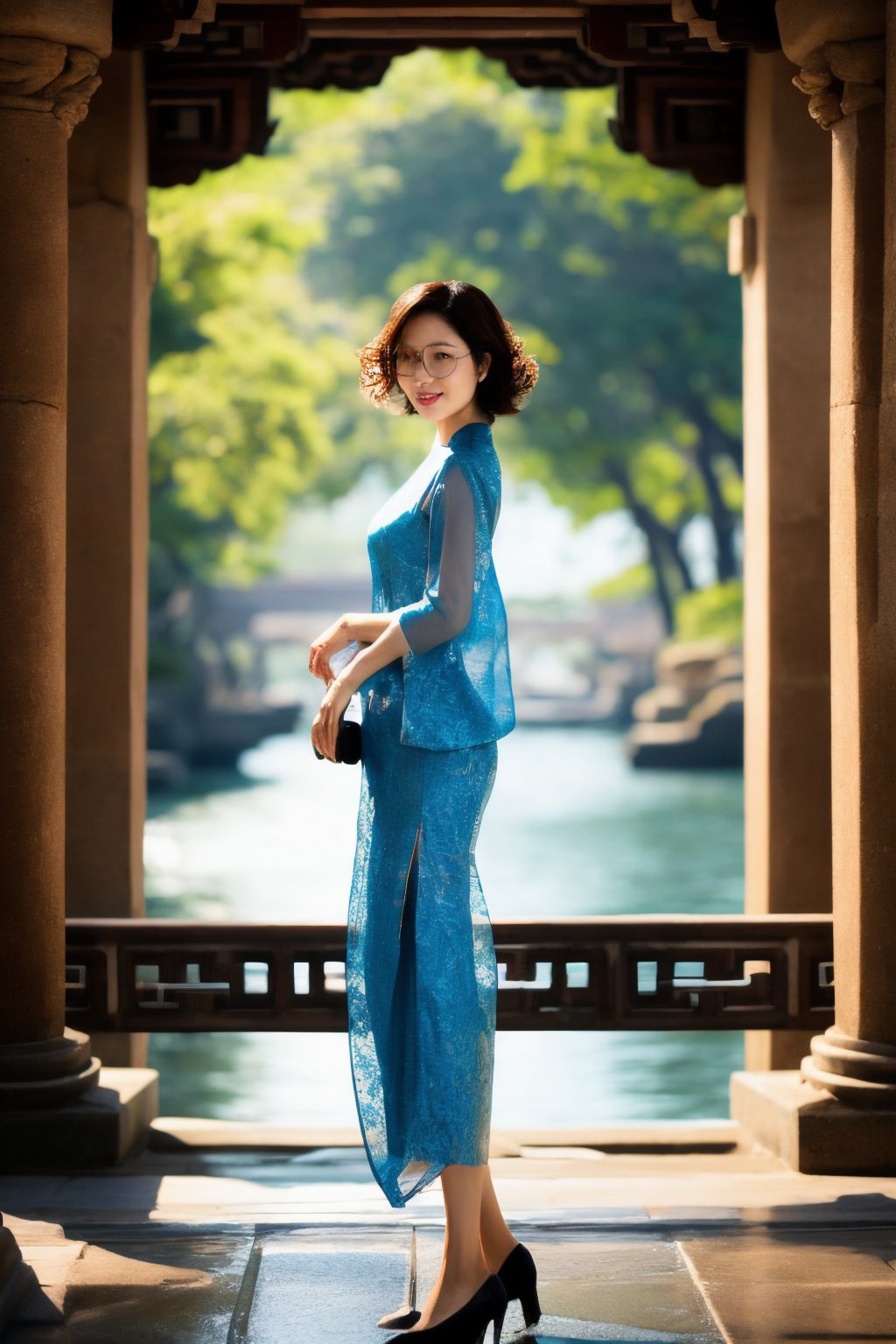 A serene Asian woman with rich brown skin and thick, wavy hair flows like the surrounding water. She wears traditional Chinese attire, its open design allowing her figure to be subtly defined. Semi-rimless glasses perch on the bridge of her nose, a touch of modernity amidst the ancient beauty. The camera captures her full body as she stands majestically amidst rippling waves, the sunlight dancing across the water's surface.