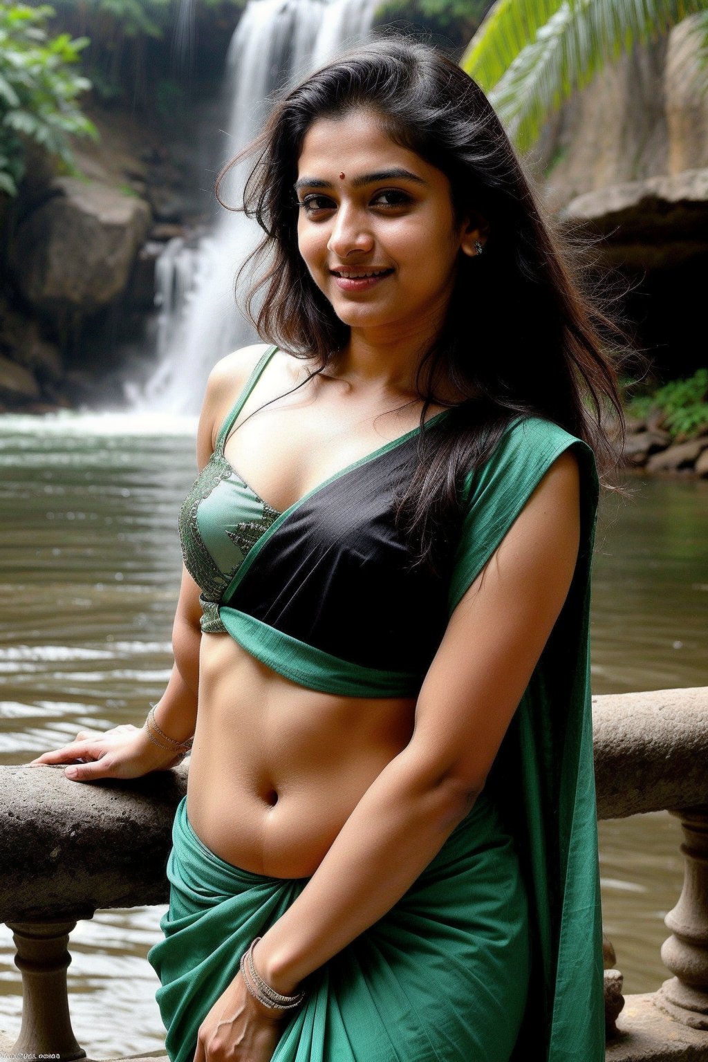 beautiful cute young attractive indian teenage girl, village girl, 18 years old, cute, Instagram model, long black_hair, warm,interrace,agura,2girl,photorealistic,2girl,,1girl,velvaura,photorealistic, wearing green saree hot dance move pose with beautiful mountain waterfall . The water dropping body