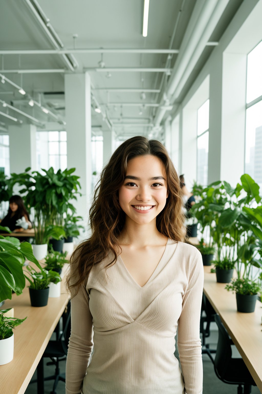 A young woman with wavy brown hair and a gentle smile stands in a modern office. She wears a light-colored V-neck top, exuding warmth and approachability. The office is spacious and well-lit, with large windows revealing a cityscape of tall buildings. Long wooden tables, adorned with green plants, host several individuals engaged in work. The overall atmosphere is dynamic and collaborative, with a mix of people standing and sitting on black office chairs. The image, captured in 8K Ultra HD, highlights the woman in sharp focus against a slightly blurred, bustling background.