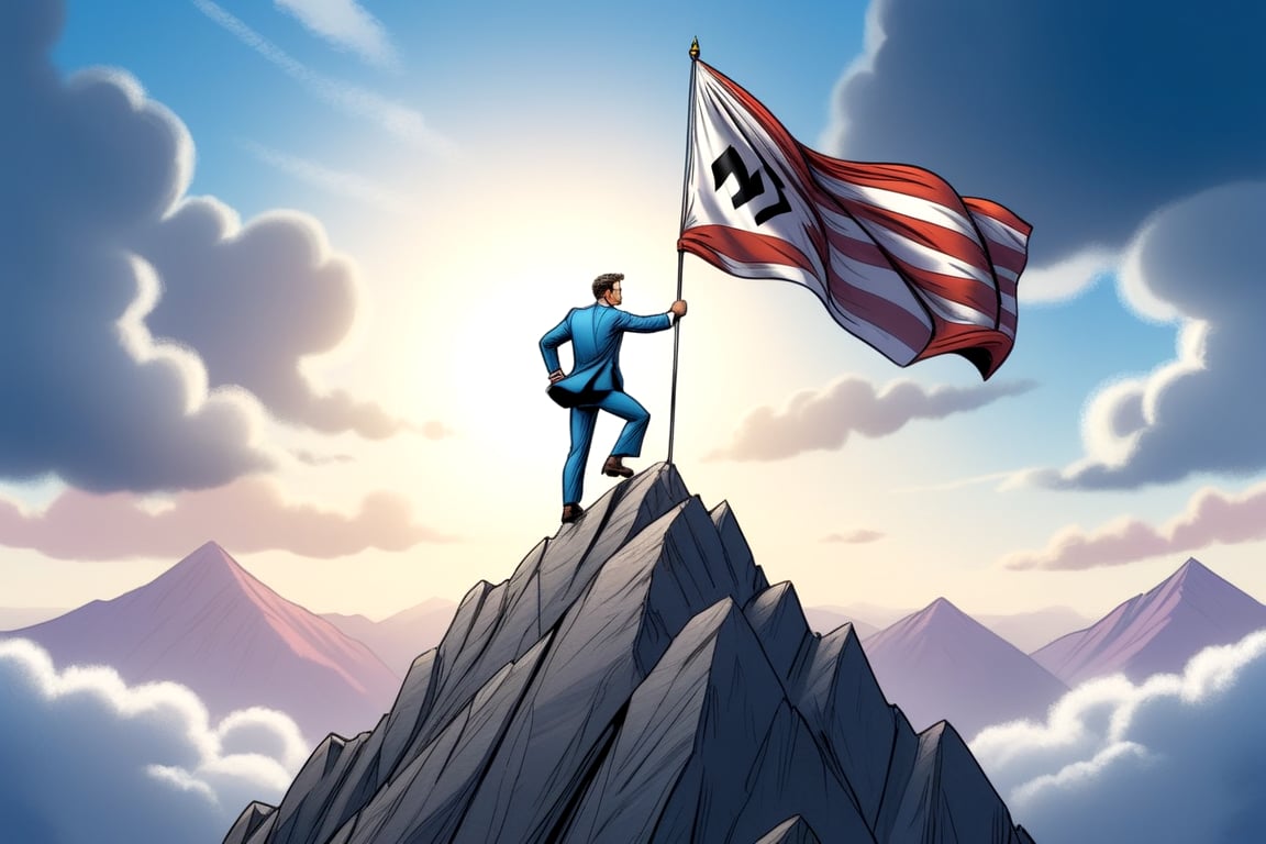 comic book illustration,comic art, climber in a business suit at the top of a mountain with a white flag, graphic novel art, vibrant, highly detailed,3D,T-shirt design,illustration