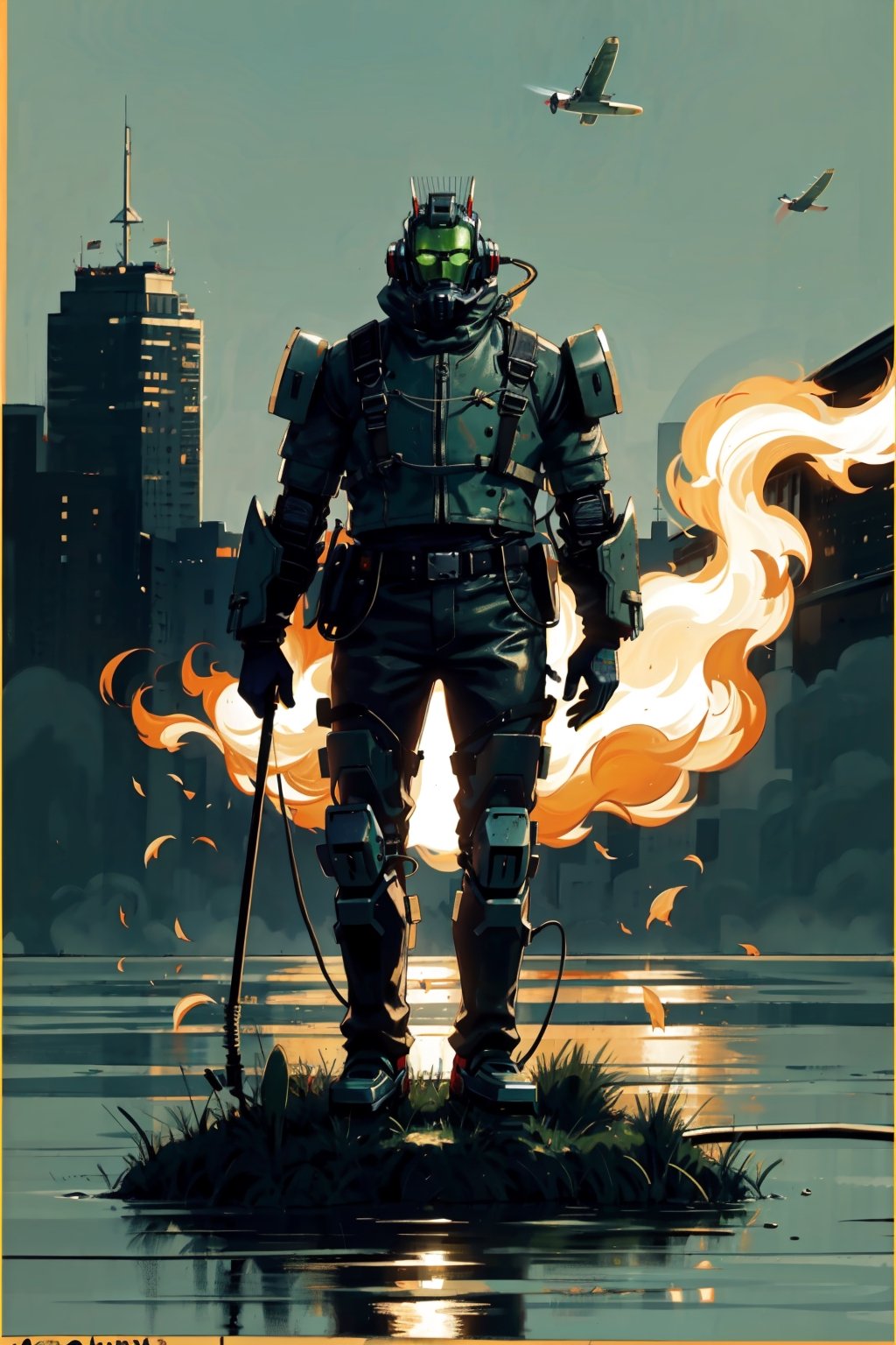 solo, standing, weapon, no humans, robot, mecha, science fiction, cable, radio antenna,war,leviathandef,dinasour ,fire,ghostrider,shodanSS_soul3142,green theme