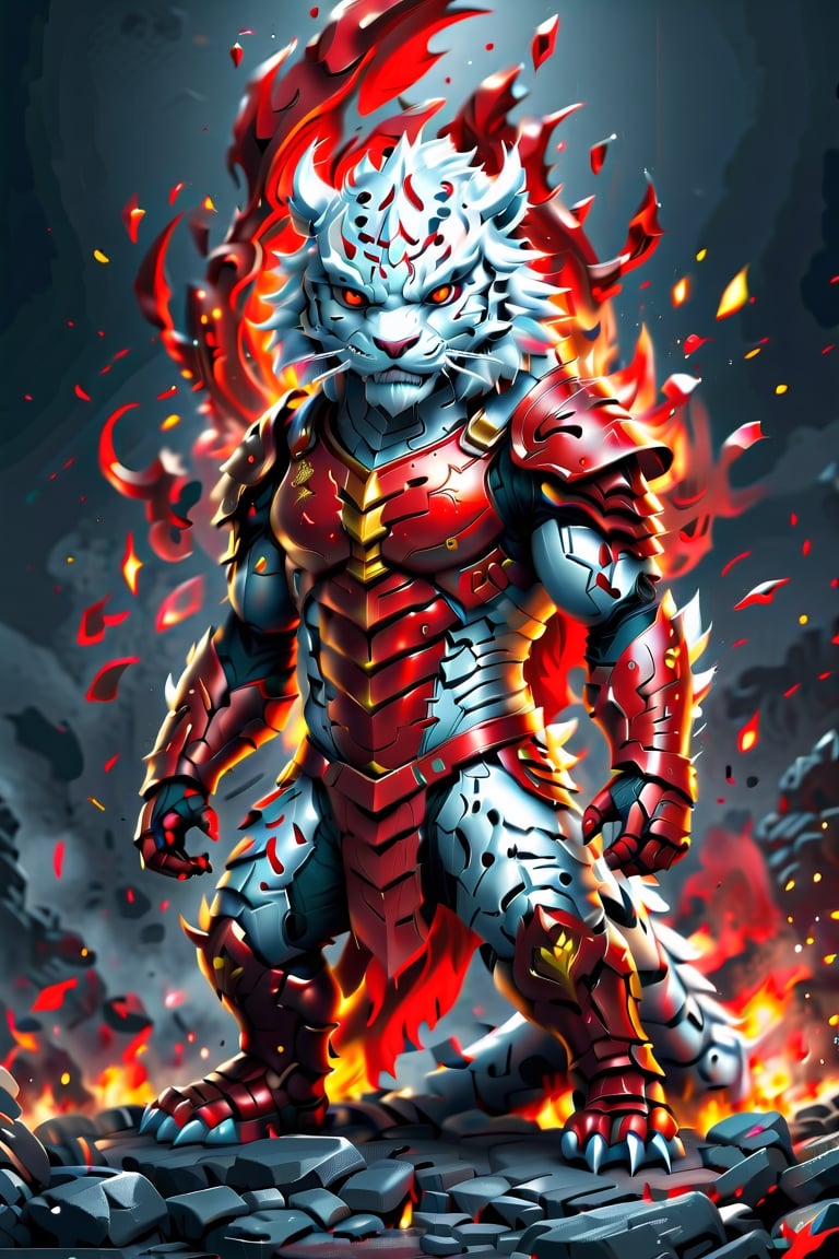 A Potrait side view full body combination of tiger and godzila, wearing metal armour, war background, sword on hand, clean design, intricate detail, angry,red color, solid white background, made with adobe illustrator, in the style of Studio Gibli, color splash,3d style,LegendDarkFantasy,photo r3al,Disney pixar style,gkudbz,comic book