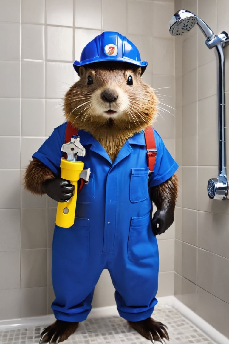 Beaver in a blue plumber's outfit holding a wrench in his hand fixing a shower valve inside a bathroom.