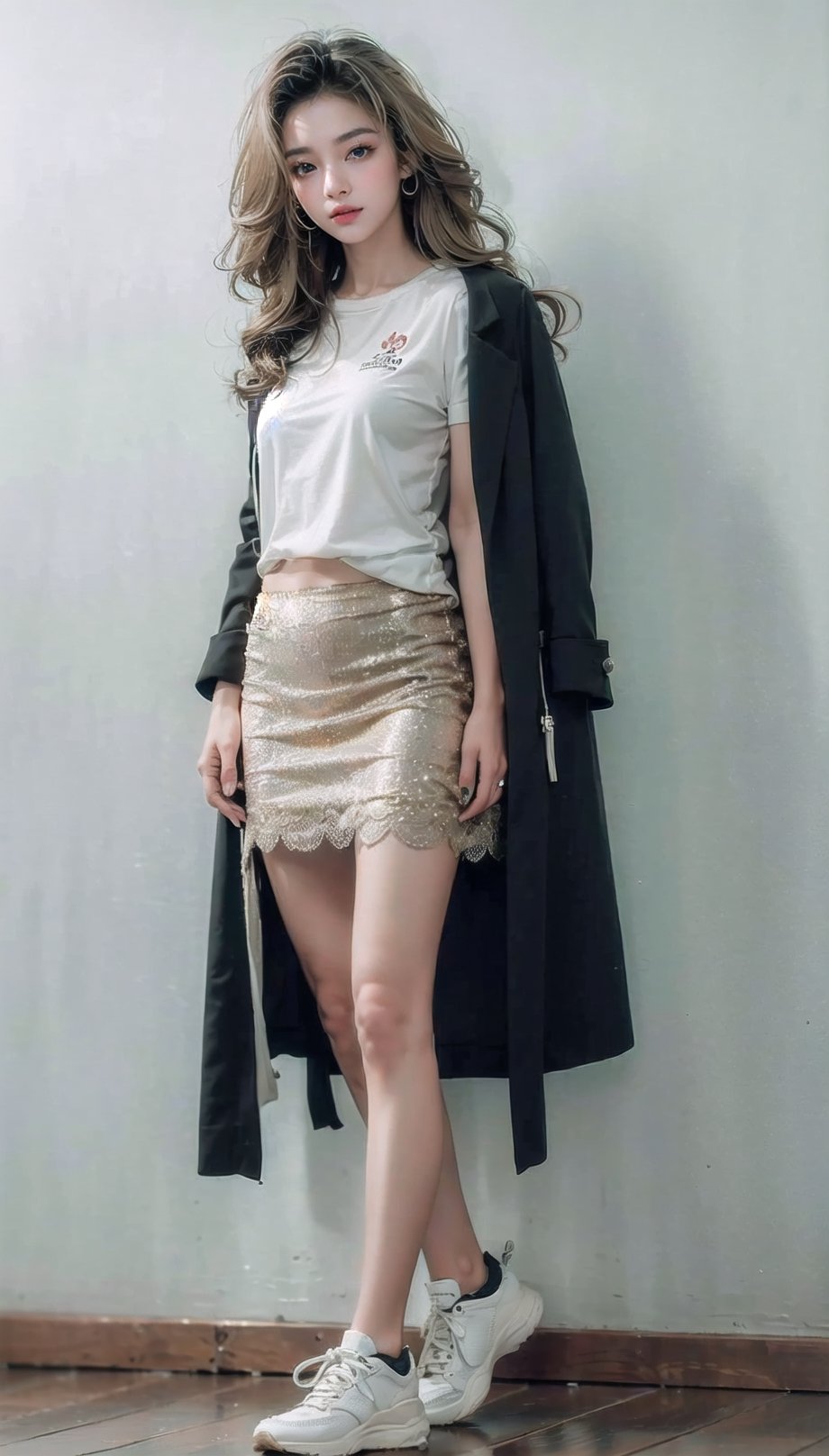 (((masterpiece))), top quality, (beautiful and delicate girl), beautiful and delicate light, (beautiful and delicate eyes), mysterious smile, (brown eyes), (dark black long hair), medium breasts, female 1 , frontal shot , Korean, soft expression, tall, jacket, patterned t-shirt, skirt, sneakers,