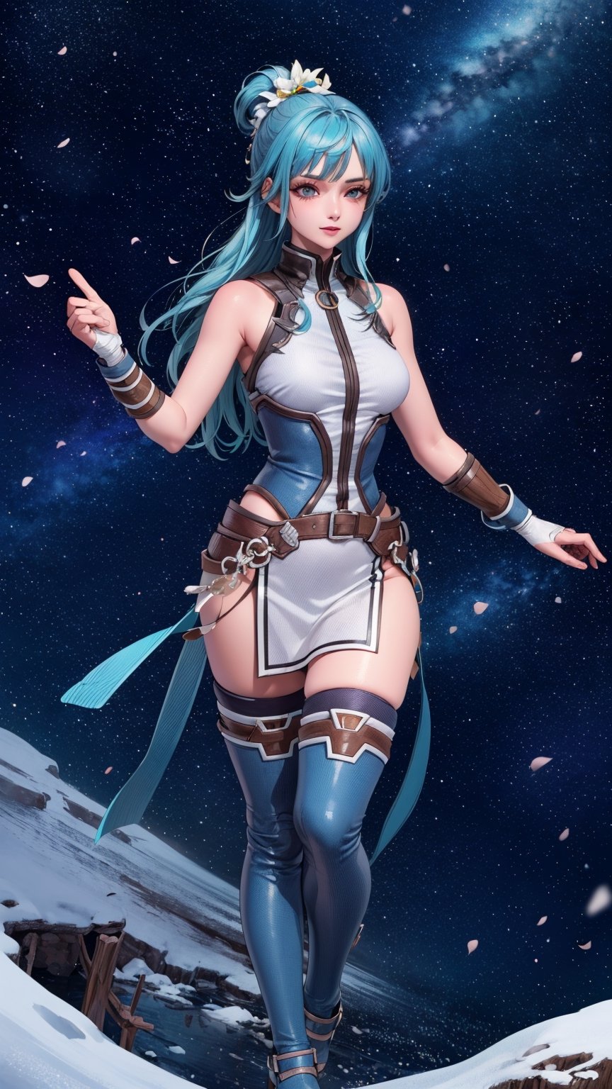 (absurd, High resolution, Super detailed, Ultra HD, Movie), Solitary, 1 Girl, Mature, Happy, girl standing in Light Blue flower field, Light Blue flower petal surrounding girl, whole body, Blue long hair girl, Light Blue hair, fantasy, Dreamy, snow, Official Art, Pop Art, contour, Super detailed face, Super detailed eyes, Light Blue flower field, Super detailed field, White blue sky, cold, Light Blue, White, Nebula in the sky, Blue Tree, watercolor, Pastel colors
,nami \(one piece\),FaytLinegod_SO3