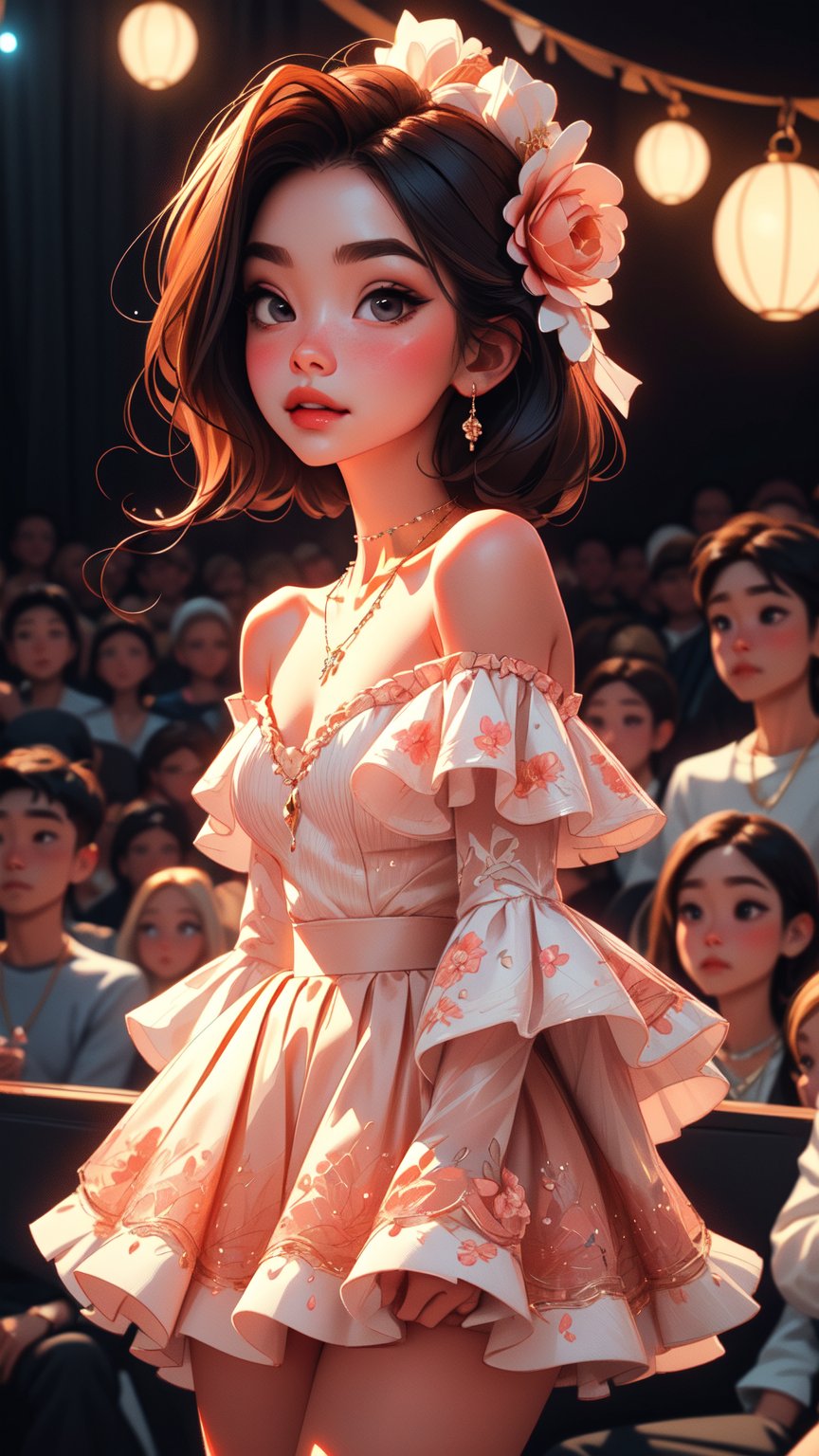 1 Girl, Intricate details, Off-shoulder, skirt, Necklace, Ruffles, transparent, looking at the audience, blush, Blurred background, Floral, Contrasting,SAM YANG