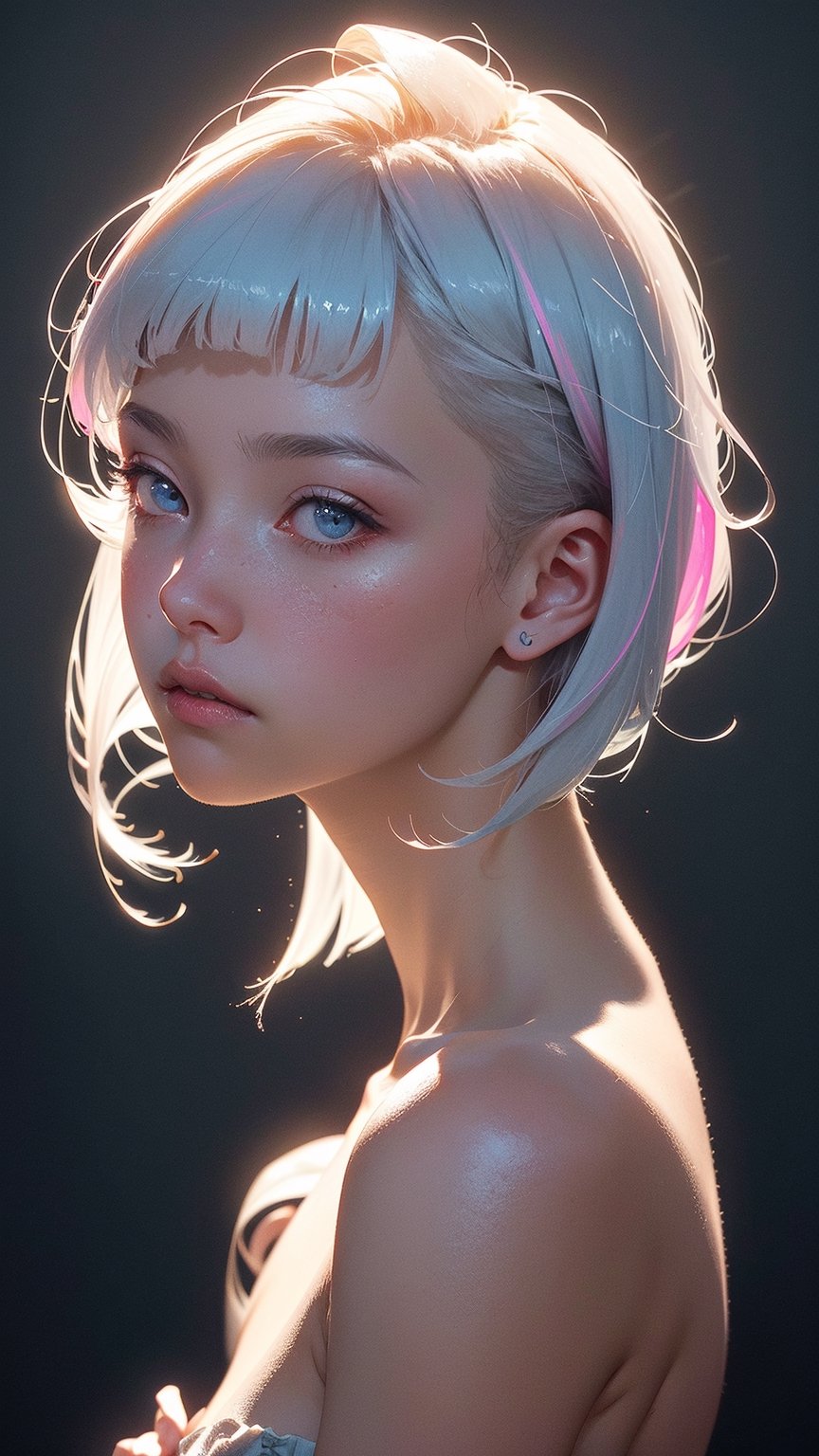 a 20 yo woman, long bobcut BLUE HAIR PINK HIGHLIGHTS, (hi-top fade:1.3), dark theme, soothing tones, muted colors, high contrast, (natural skin texture, hyperrealism, soft light, sharp),chinatsumura,Detailedface