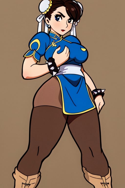 CHUN LI, street fighter, capcom, solo, asian beauty, ((perfect eyes)), curvy girl, big breast, big limbs, muscle legs, white head buns, blue china dress, (((dark brown pantyhose))), white boxing boots, spike bracelets, chinese, wushu kunf fu pose, manga,