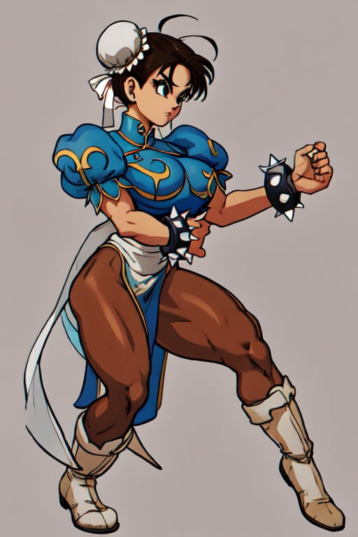 masterpiece, good quality,CHUN LI, Street Fighter 2, capcom, solo, asian beauty, ((perfect eyes)), curvy girl, big breast, big limbs, muscle legs, white head buns, blue china dress, pelvic curtain, (((dark brown pantyhose))), ((white boxing boots)), spike bracelets, chinese, wushu kung fu pose,