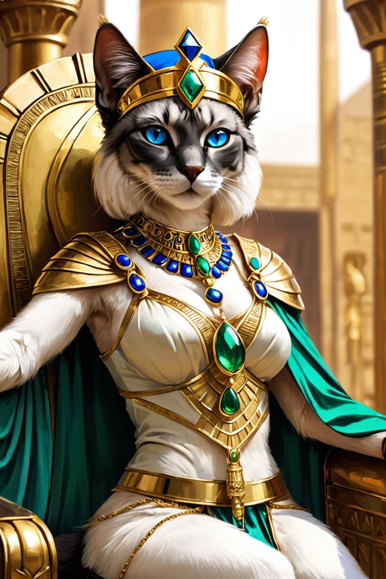 humanoid kleopatra cat,Beautiful Blue eyes,royal clothes,emerald crown,golden accessories,half body portrait, gold earrings, big crown, sexy look, sexy clothes, sit in throne, small boobs, black cat, use egyptian motives