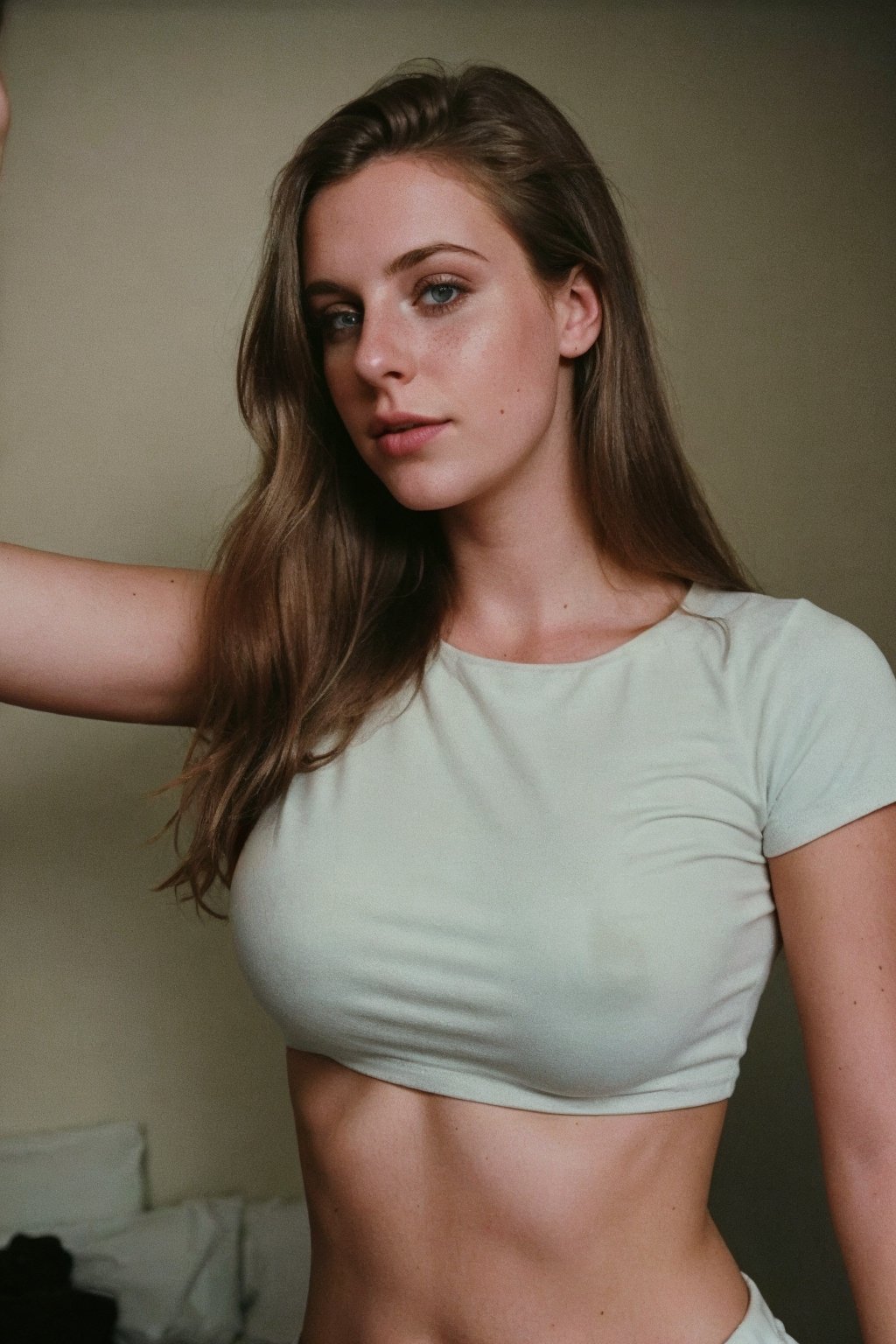 (film_grain:1.1), (cheap camera:1.3), analog, photography of a 25yo brunette American woman named Alana Summers with an OnlyFans account, round cute face, (slim figure), 34 inch bust, 22 inch waist, 34 inch hips, grey-green eyes, perfect eyes, light freckles, (dark brownhair):1.2, slim althletic figure, living room, closeup, baby pink top ,ffc selfie,no_bra