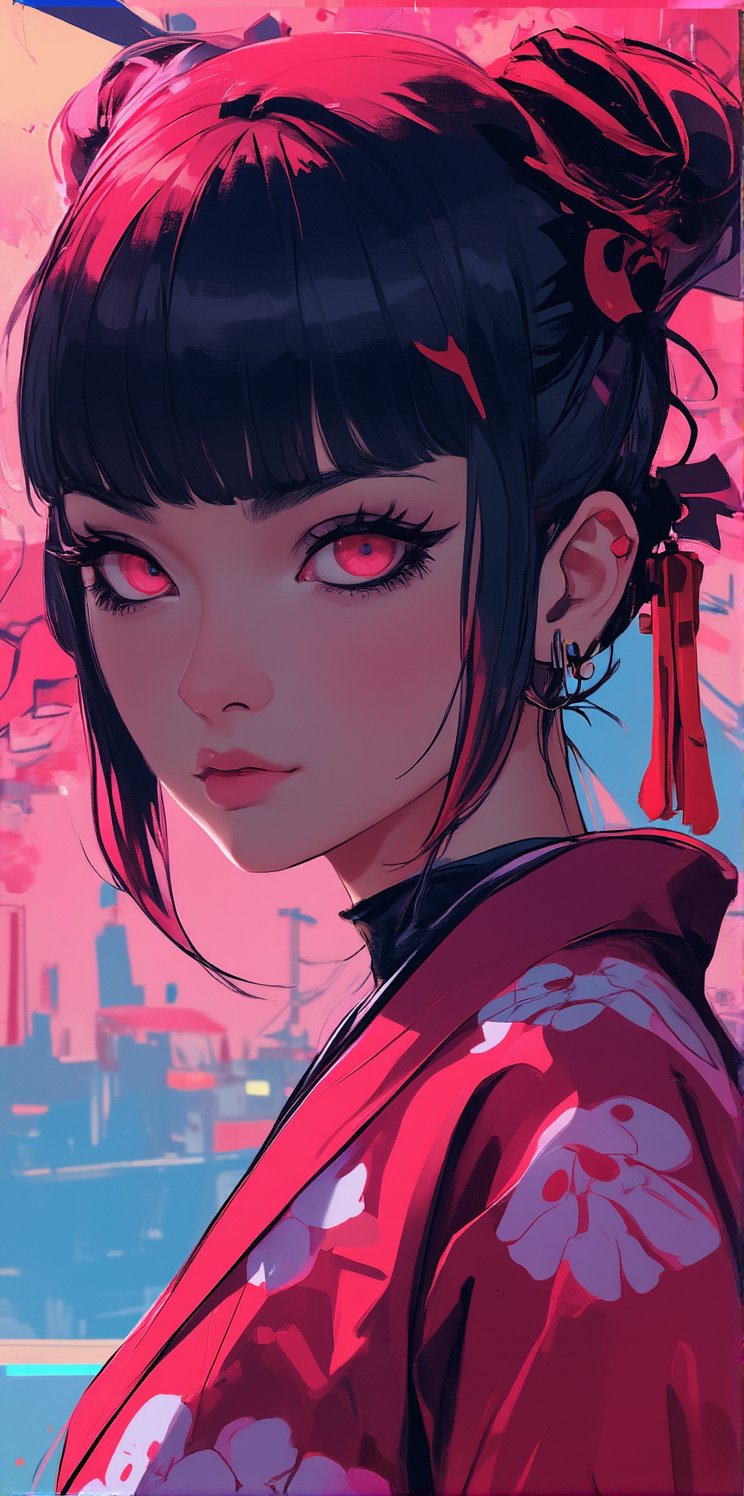 ((((futuremadness, , anime style, vivid colors, flat style, gradient, fluorecent , cyberpunk  cyborg)))), 1girl, solo, looking at viewer, smile, bangs, deep red hair, hair ornament, red eyes, bow, jewelry, closed mouth, upper body, flower, earrings, outdoors, japanese clothes, pink eyes, kimono, blurry, tree, lips, parted bangs, eyelashes, makeup, depth of field, blurry background, floral print, cherry blossoms, tassel, hair rings, nose, hollow red eyes, bright irises, head and torso view, 