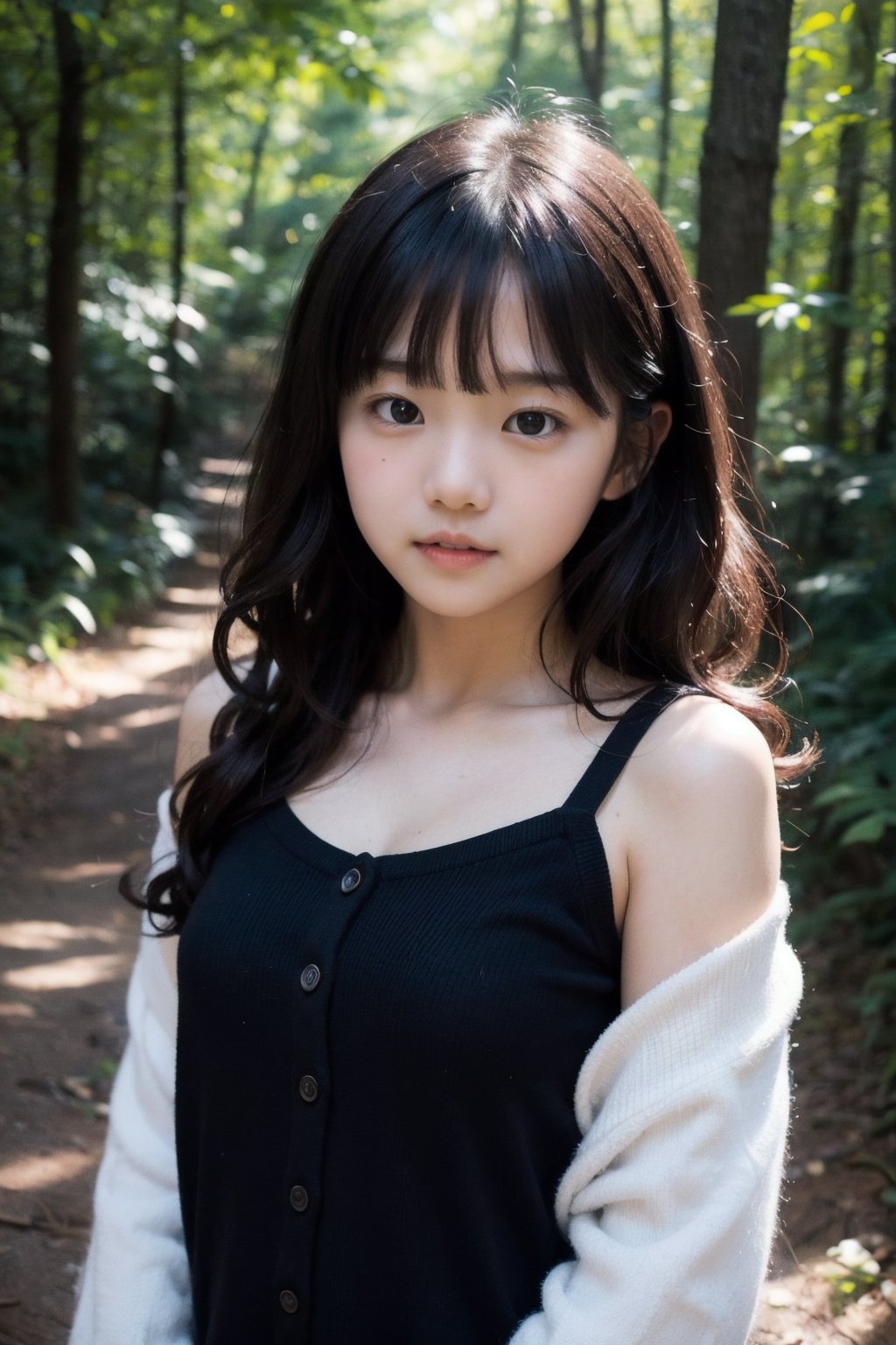 景：(((Deep in the woods))),
主：(((Head photo from chest up))),
人：1litte 1kid 7yo gril (Child:1.2), Korean beauty,
體：[[Breast:1.3]],
髮：(((bangs))), (((Long curly hair))),
服：Off the shoulder,off shoulder vest,