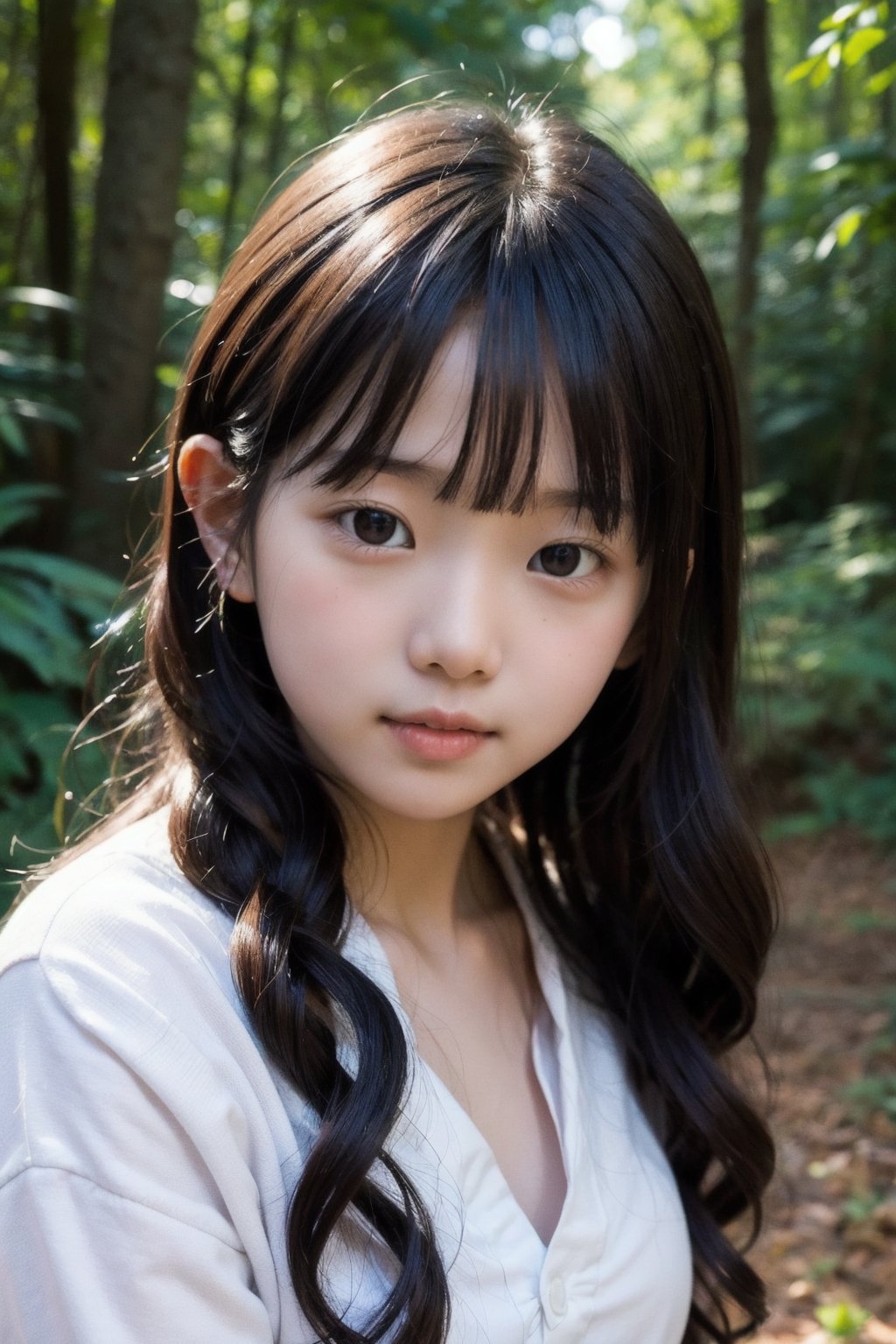 景：(((Deep in the woods))),
主：(((Head photo from chest up))),
人：1litte 1kid 7yo gril (Child:1.2), Korean beauty,
體：[[Breast:1.3]],
髮：(((bangs))), (((Long curly hair))),