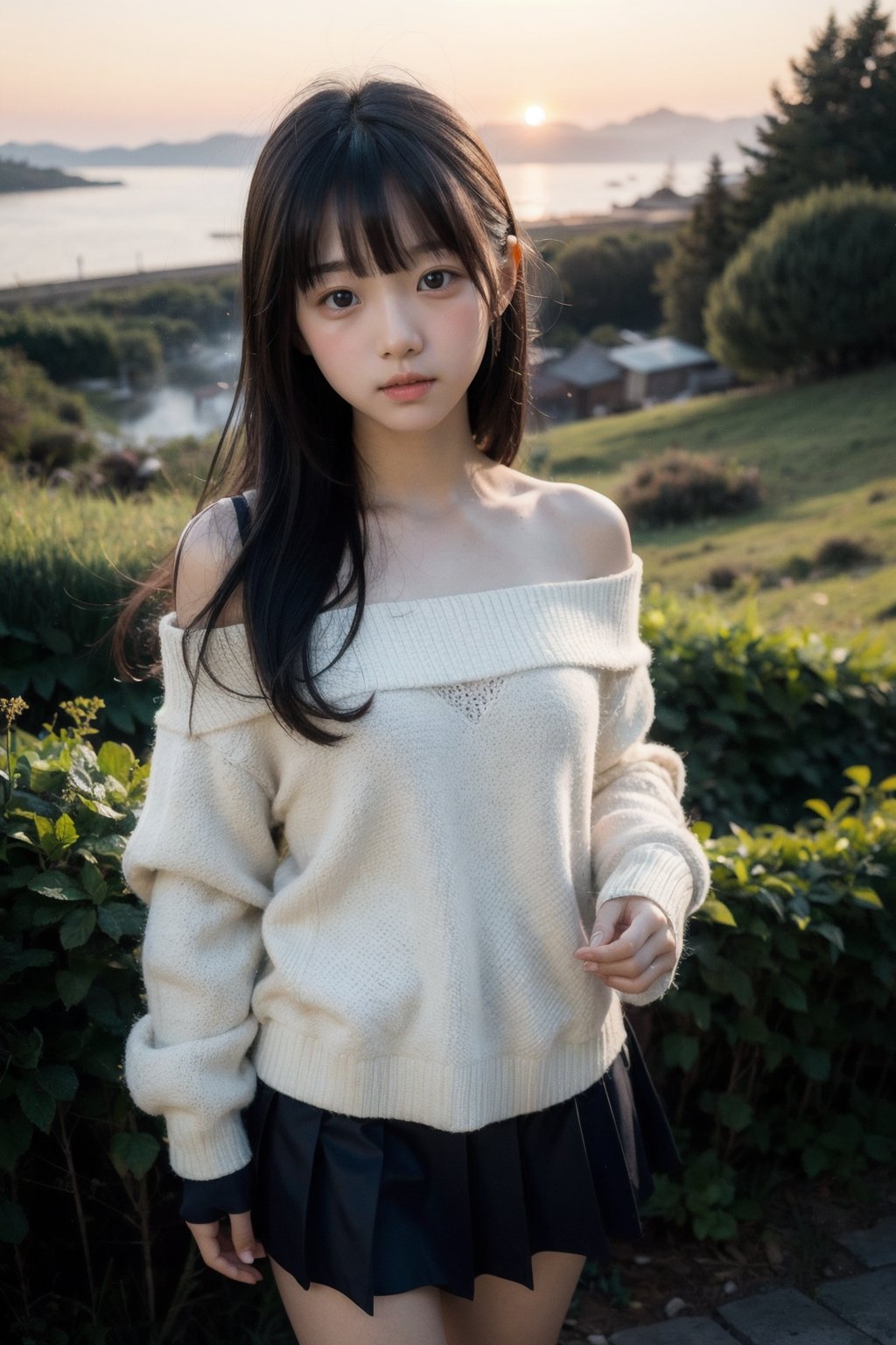 主：(Misty woods under sunset),
人：1litte 1kid 7yo gril (Child:1.2), Korean beauty,
優：With a very high artistic composition style,
髮：(long hair),(((bangs))), 
服：Off-the-shoulder,