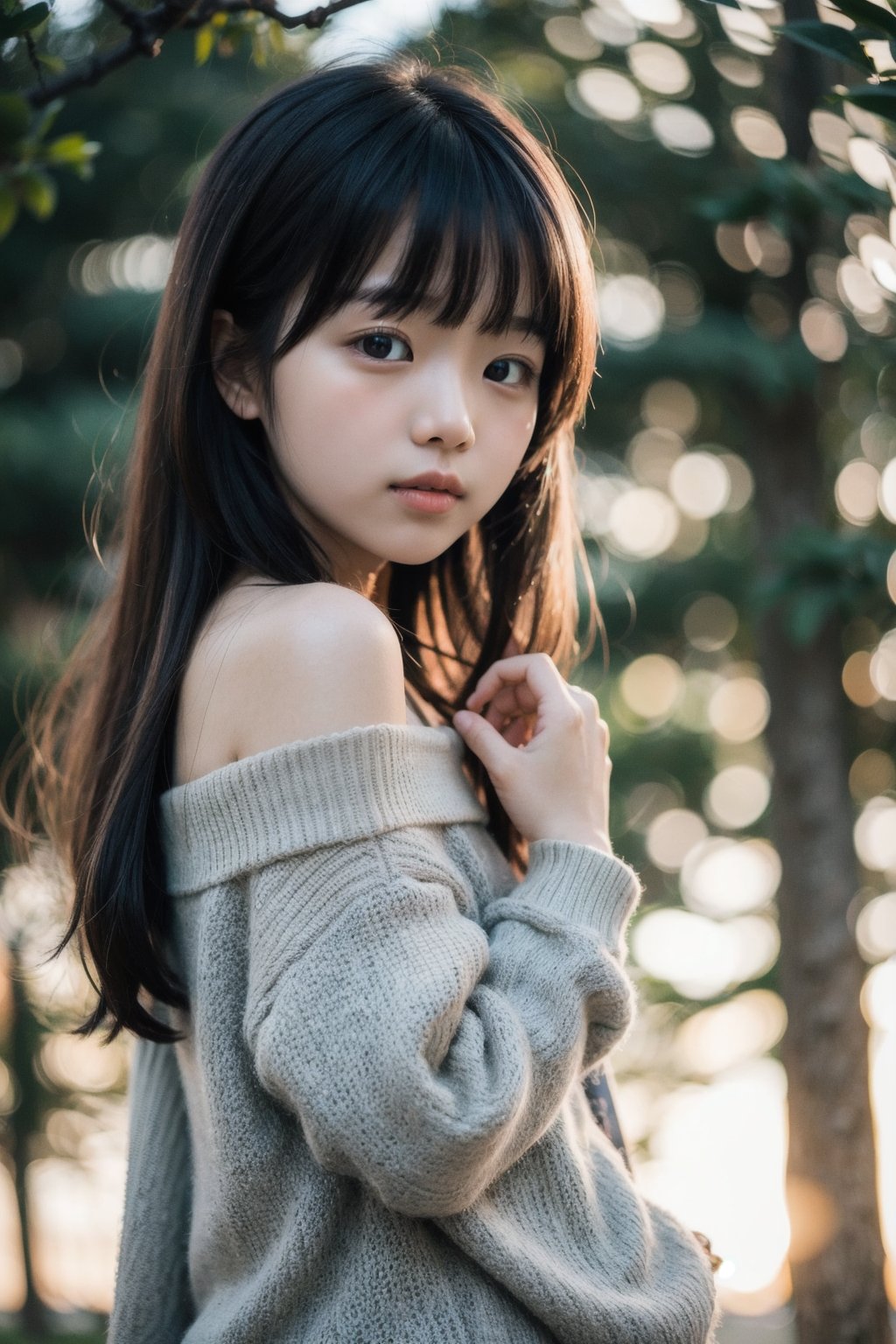 主：(Misty woods under sunset),
人：1litte 1kid 7yo gril (Child:1.2), Korean beauty,
優：With a very high artistic composition style,
髮：(long hair),(((bangs))), 
服：Off-the-shoulder,