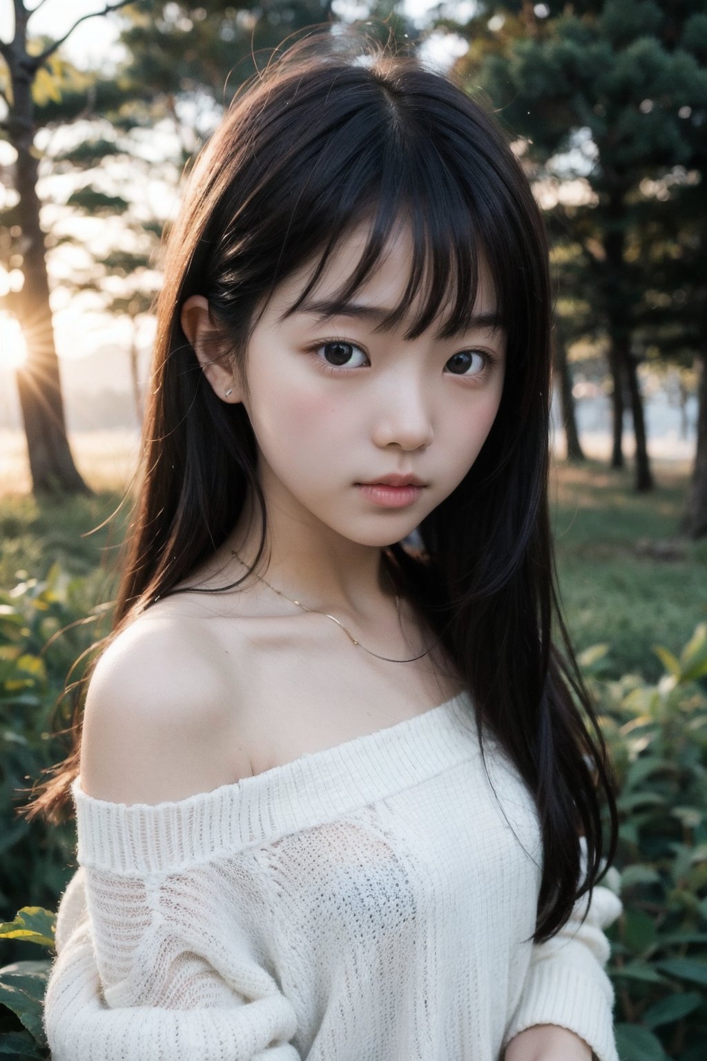 主：(Misty woods under sunset),
人：1litte 1kid 7yo gril (Child:1.2), Korean beauty,
優：With a very high artistic composition style,
髮：(long hair),(((bangs))), 
服：Off-the-shoulder,