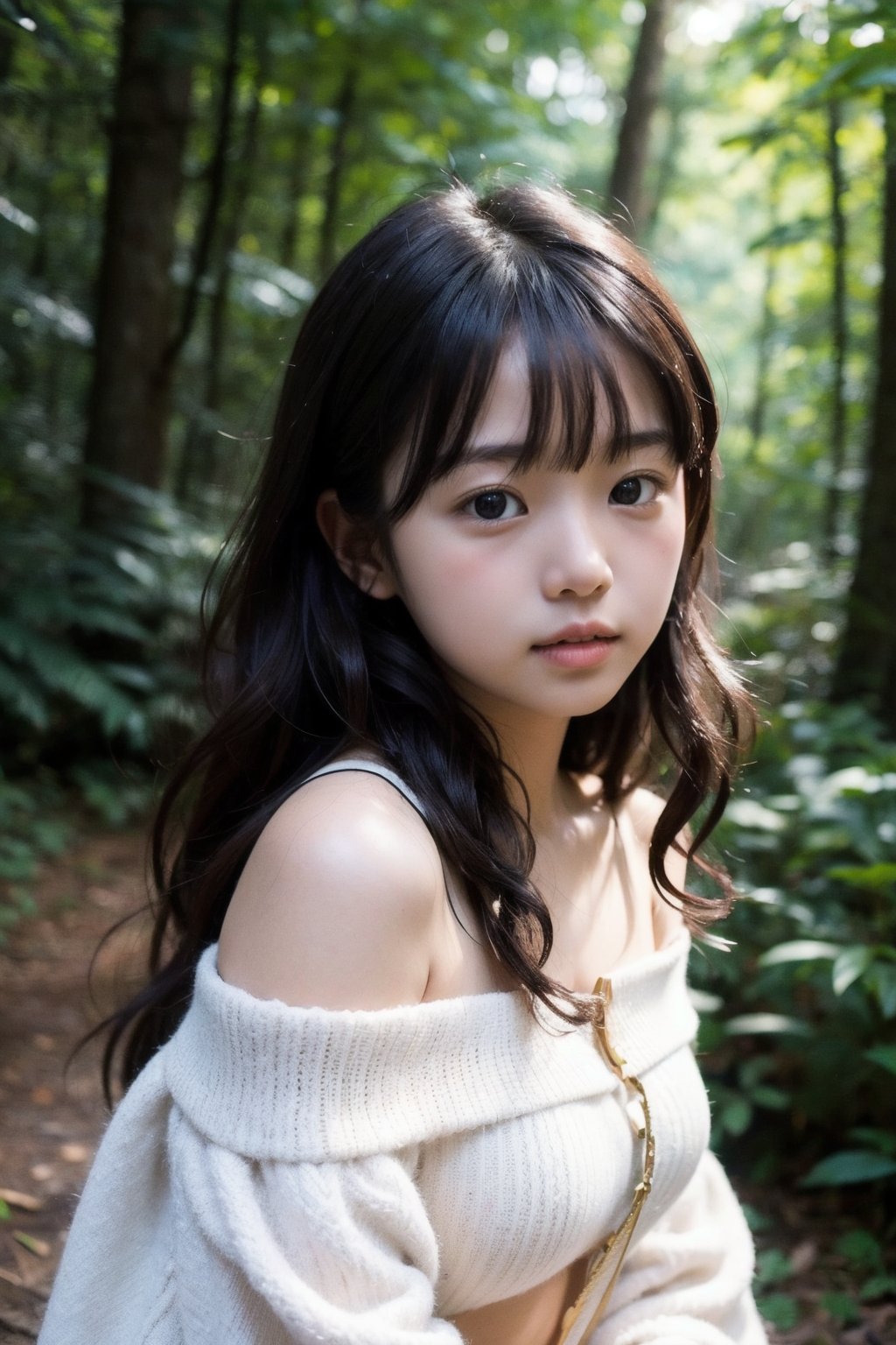 景：(((Deep in the woods))),
主：(((Head photo from chest up))),
人：1litte 1kid 7yo gril (Child:1.2), Korean beauty,
體：[[Breast:1.3]],
髮：(((bangs))), (((Long curly hair))),
服：Off the shoulder,off shoulder vest,