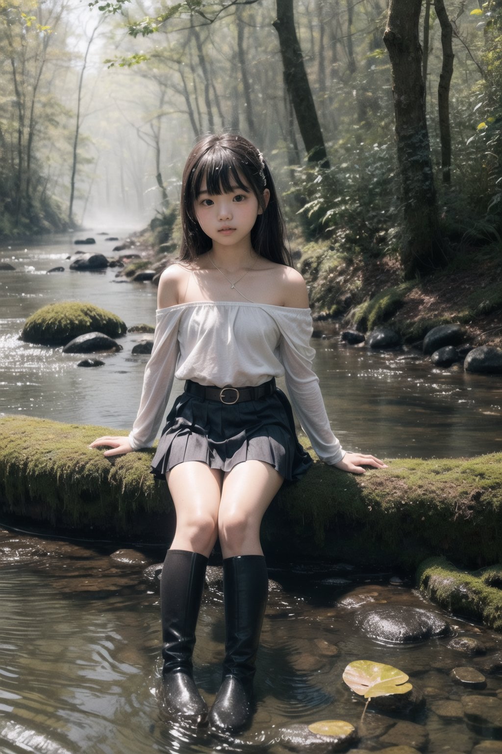 主：(((Beside a misty forest stream))),((sitting)),((Full body image)),
人：1litte 1kid 7yo gril (Child:1.2),
優：SD 1.5,(Stepping on ripples in the water),
體：(Beautiful little girly body proportions),(smaller body frame),
髮：(bangs),(((long hair))),
服：(Student uniform), (((Red mini pleated skirt))),(black compression tights), (((boots))),(((Off the shoulders))),(((shoulderless, low-cut))), ((trendy belt)),